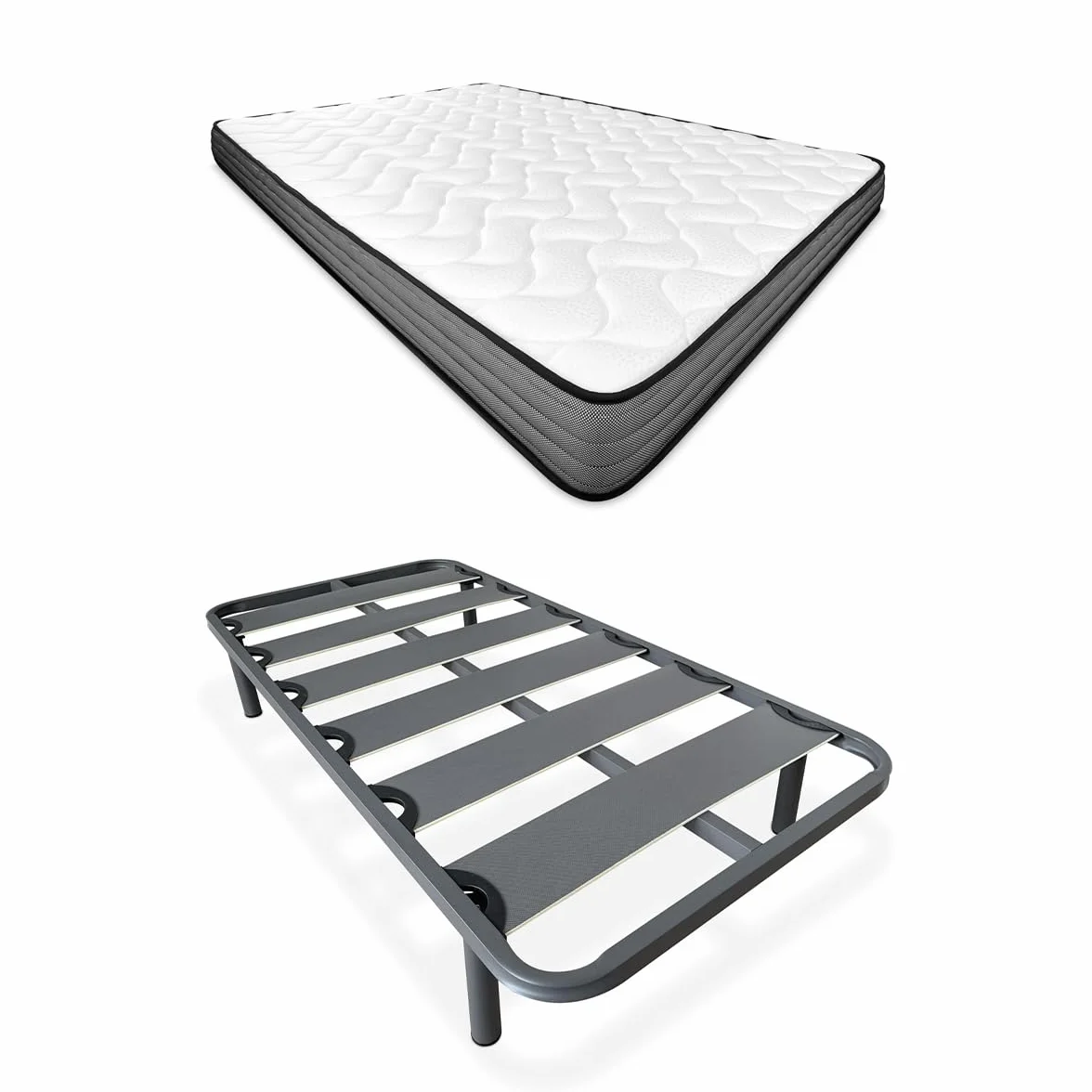 Homey - Cama Completa con Colchón Andrea Reversible (Cara Invierno/Verano) + Somier Reforzado 40x30mm con 4 Patas Metálicas Roscadas, 90 x 190