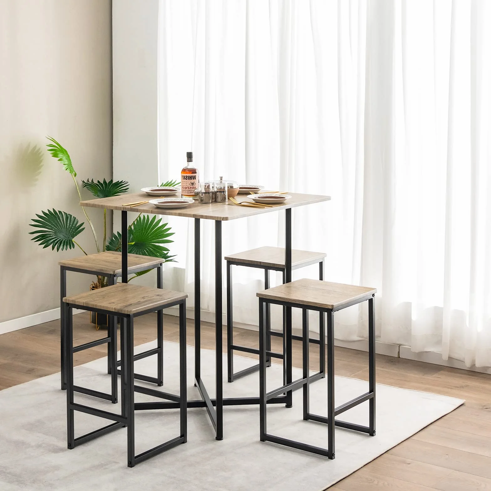 HOMASIS Mesa de bar con taburetes, juego para 4 personas, madera, decoración industrial