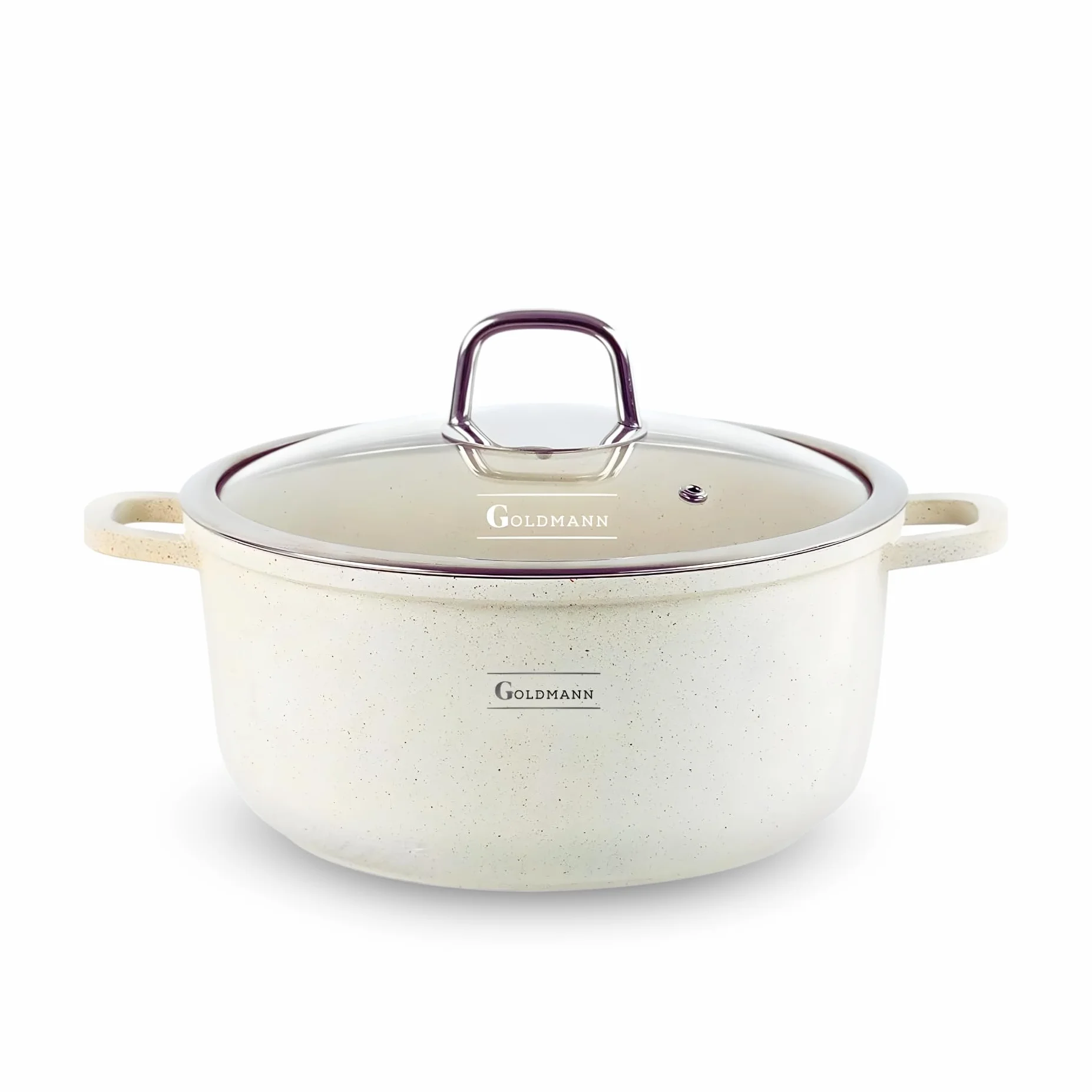 GOLDMANN Olla de Cocina de Aluminio Fundido con Tapa de Vidrio Selic, Revestimiento Antiadherente Cerámico Mármol Saludable & Apta para Inducción y Todas las Cocinas (Beige, 20 CM)