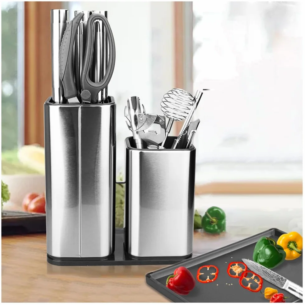 2 en 1 Bloque de, Soporte Cuchillos Cocina, Porta Cuchillos Universal, Cuchillero para Cocina Sin Cuchillo, Portacuchillas con Ranura Extraíble y Orificio de Drenaje