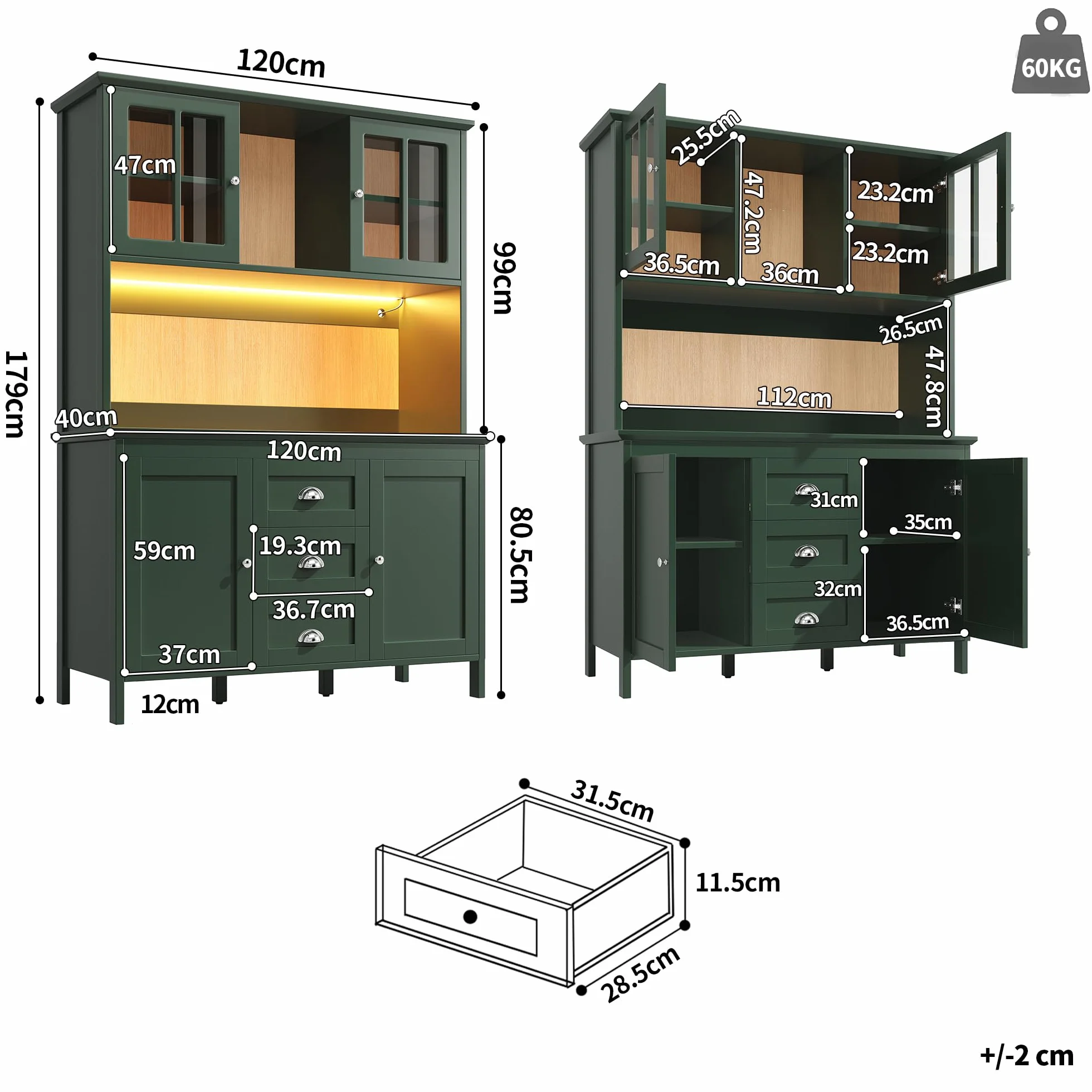 Kebnor armarios de Cocina Altos, aparadores, armarios de Cocina con Puertas de Cristal marrón e iluminación LED, Verde (120 x 40 x 179 cm)