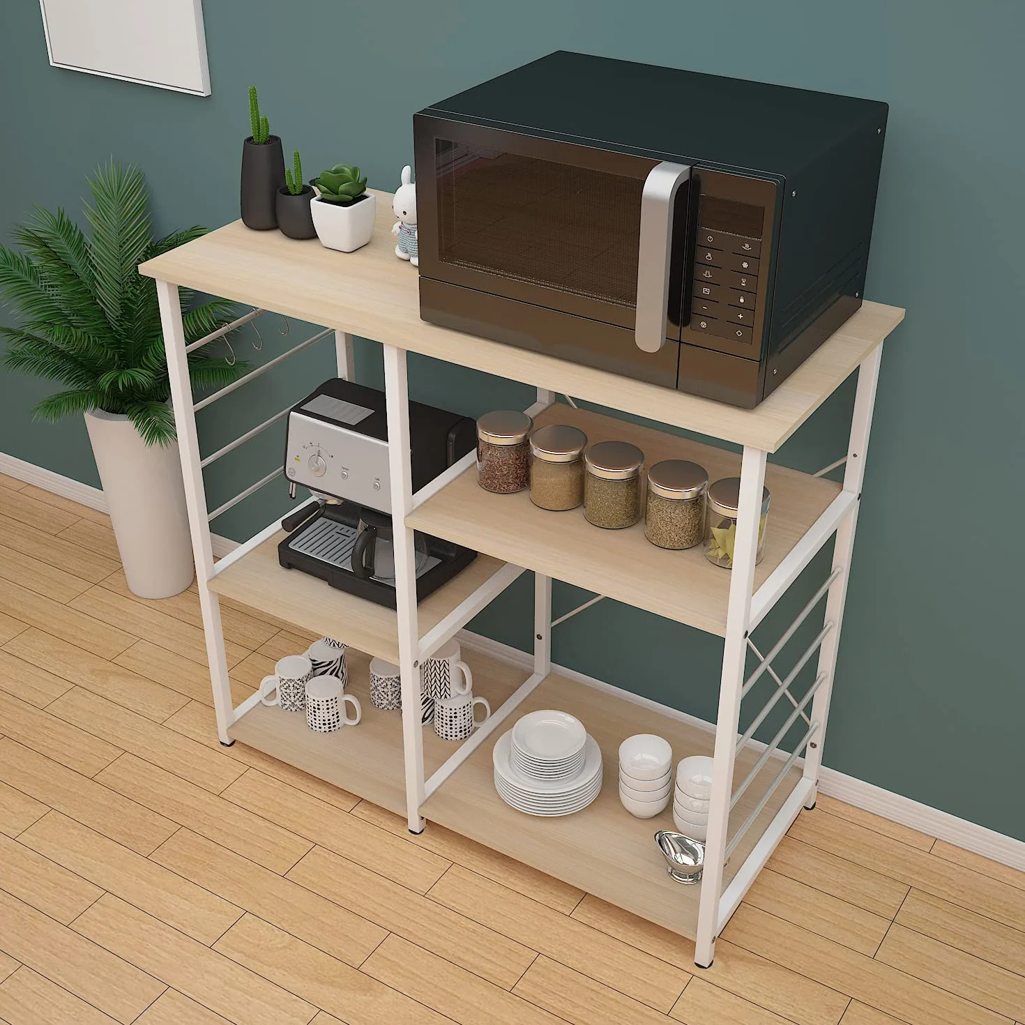 DlandHome Soporte para Carrito de microondas, Almacenamiento Cocina de 3 Niveles + 3 Niveles para Estante de panadería y Especias, Estante Organizador de estación, básico y de Arce