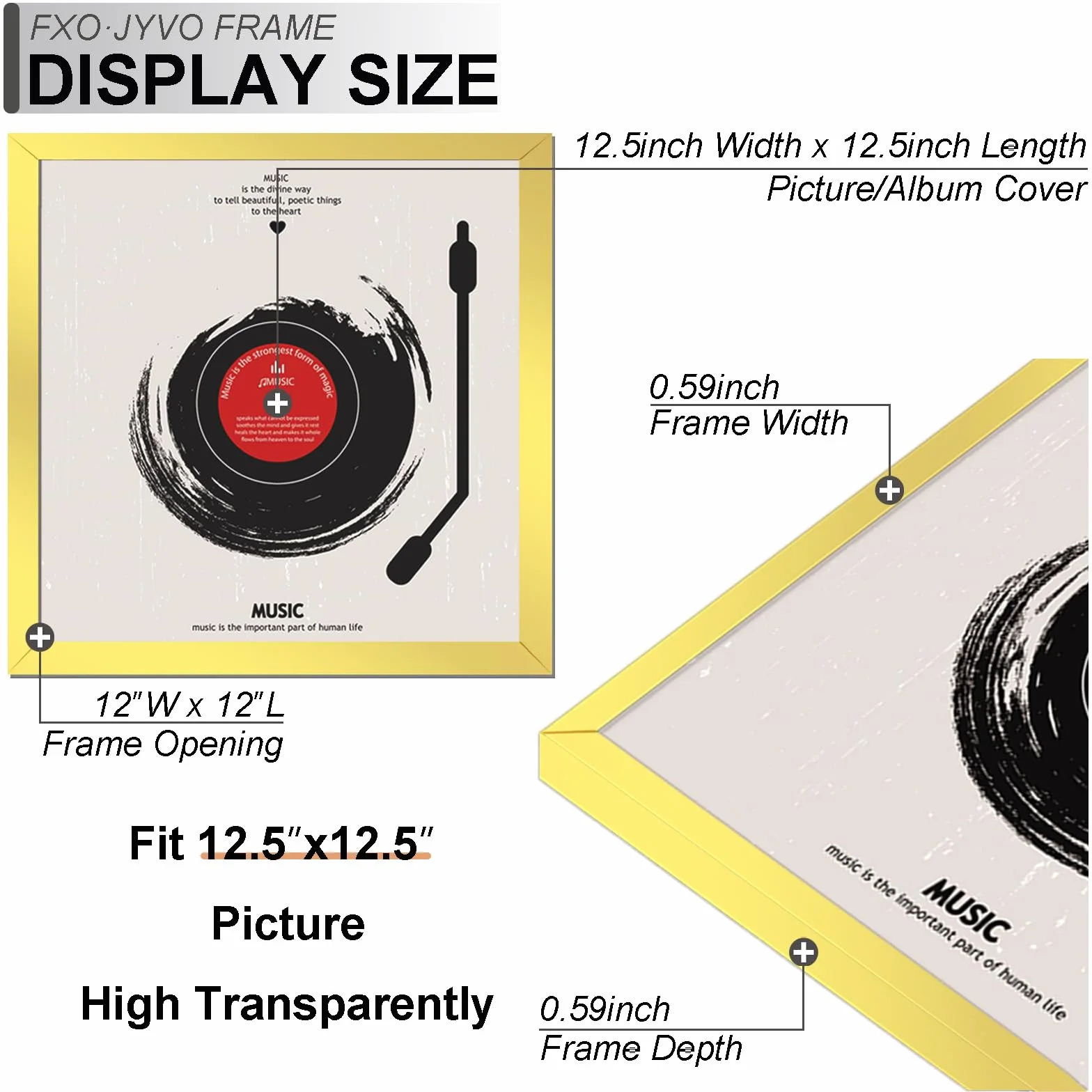 Marco de disco de vinilo para LP de 30.5 cm con portada de álbum de 12.5 x 12.5 pulgadas | Marco dorado de 12.5 x 12.5 pulgadas, peso ligero con soporte de pared de plástico de alta claridad, 4 paquetes/dorado