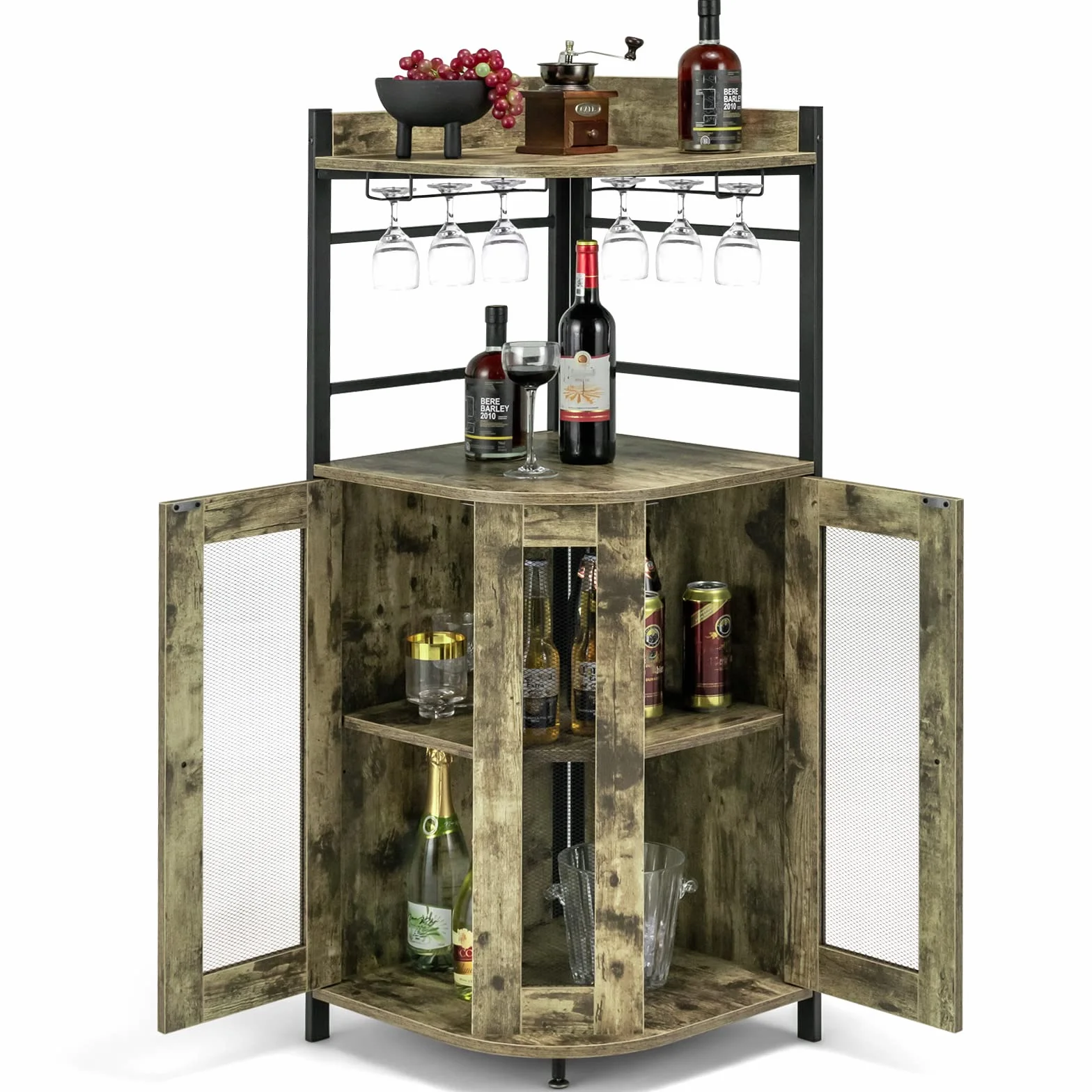 GOPLUS Armario de bar con soporte de cristal, armario de esquina con 2 puertas, armario de vino con estante ajustable, armario de cocina para cocina y comedor (marrón industrial)