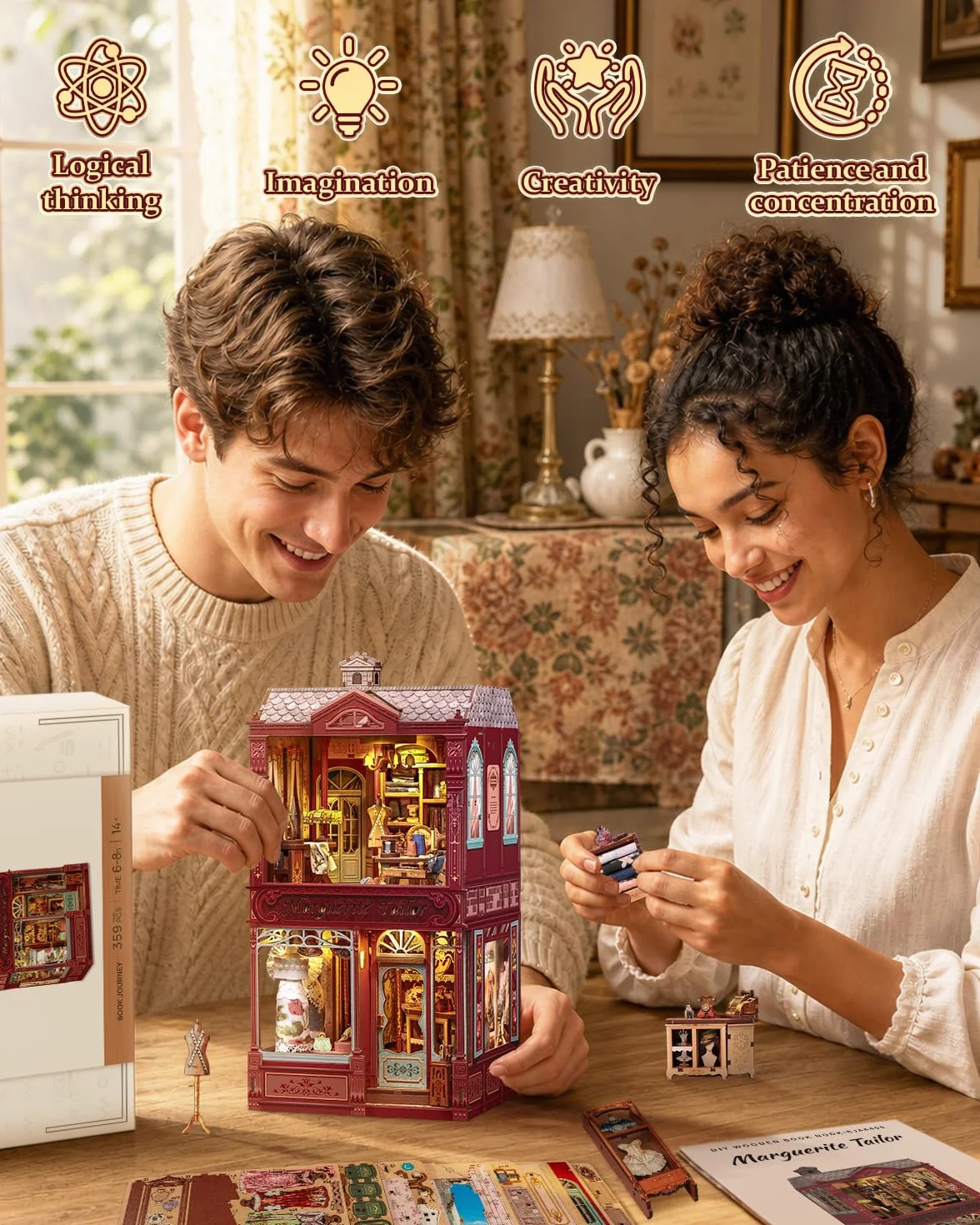 Kit de rincón de lectura Cutebee para adultos, puzzle 3D de madera decorativo para estanterías, kit de casa de muñecas miniatura DIY, serre-livres decorativo manualidad (Marguerite Tailor)