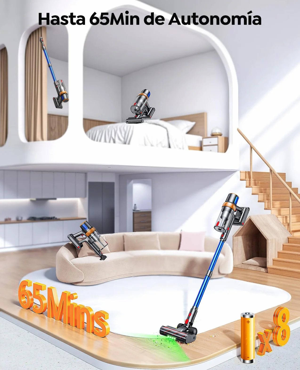 600W/50KPa Aspiradora sin Cable,65 Mins Autonomía,Aspirador Escoba Vertical con Cepillo Antiácaros,Pantalla Táctil,Función Aromática,Carga en Pared,Anti-Enredos,Luz LED,Adecuado Suelos/Sofás/Mascotas