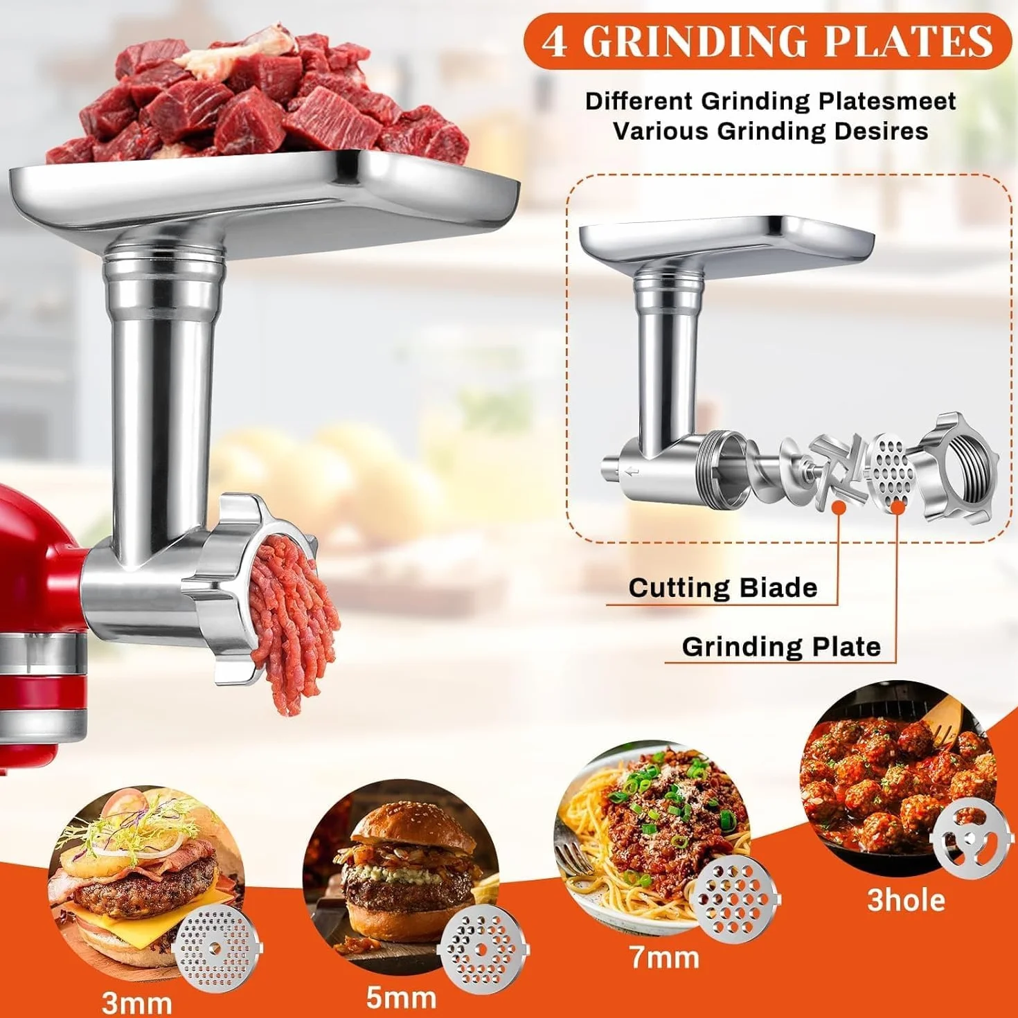 Accesorio picador de carne para batidora de pie Kitchenaid, con 3 cuernos para embutir salchichas, 3 cuchillas para picar, 4 discos para picar y prensa para hamburguesas (acero inoxidable)