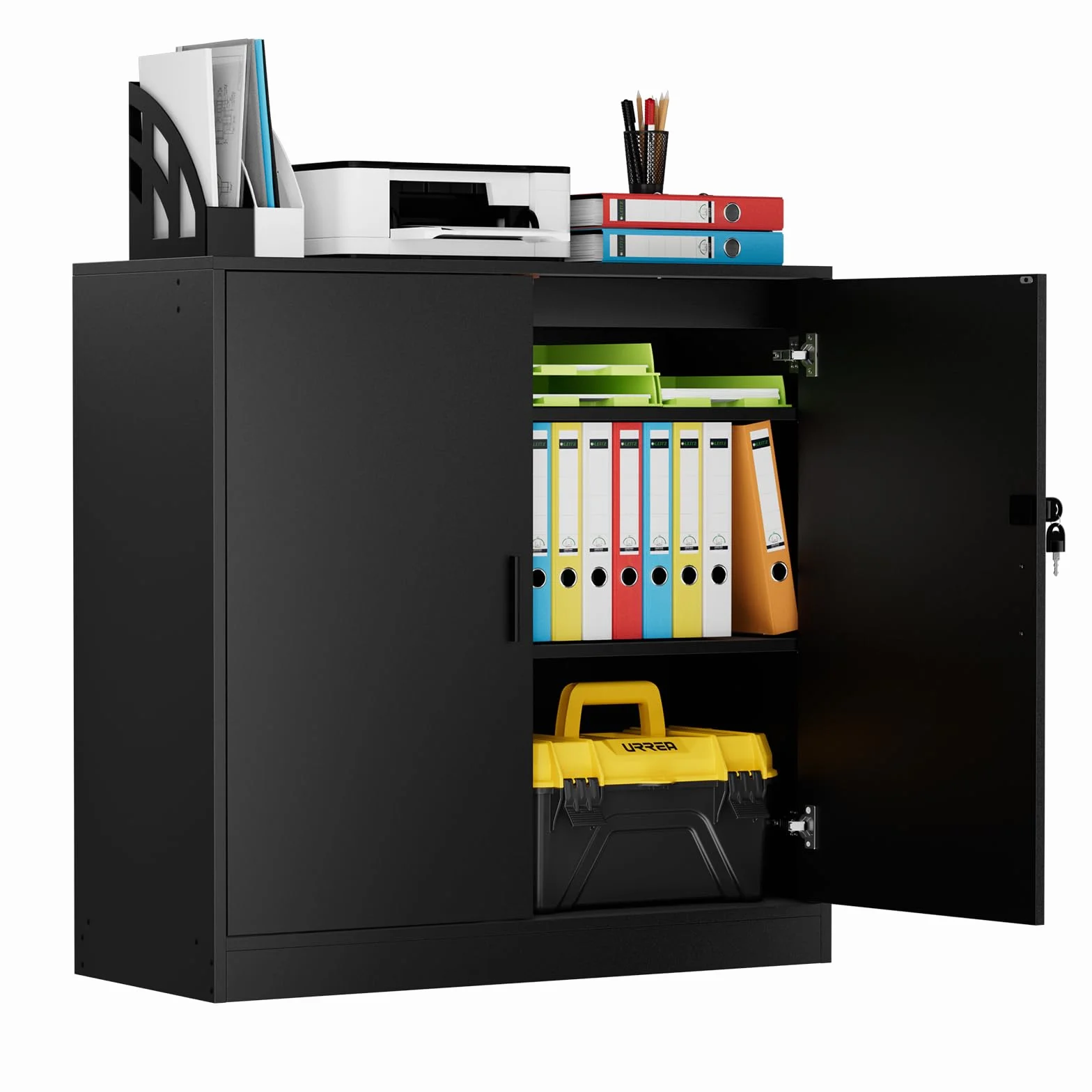 Armario Oficina con Cerradura Llave 2 Puertas, Armario Multiusos Almacenaje para Cocina Archivador Oficina Dormitorio Garaje Herramientas y Salon, Baldas Ajustable, 87 cm Fondo, Negro