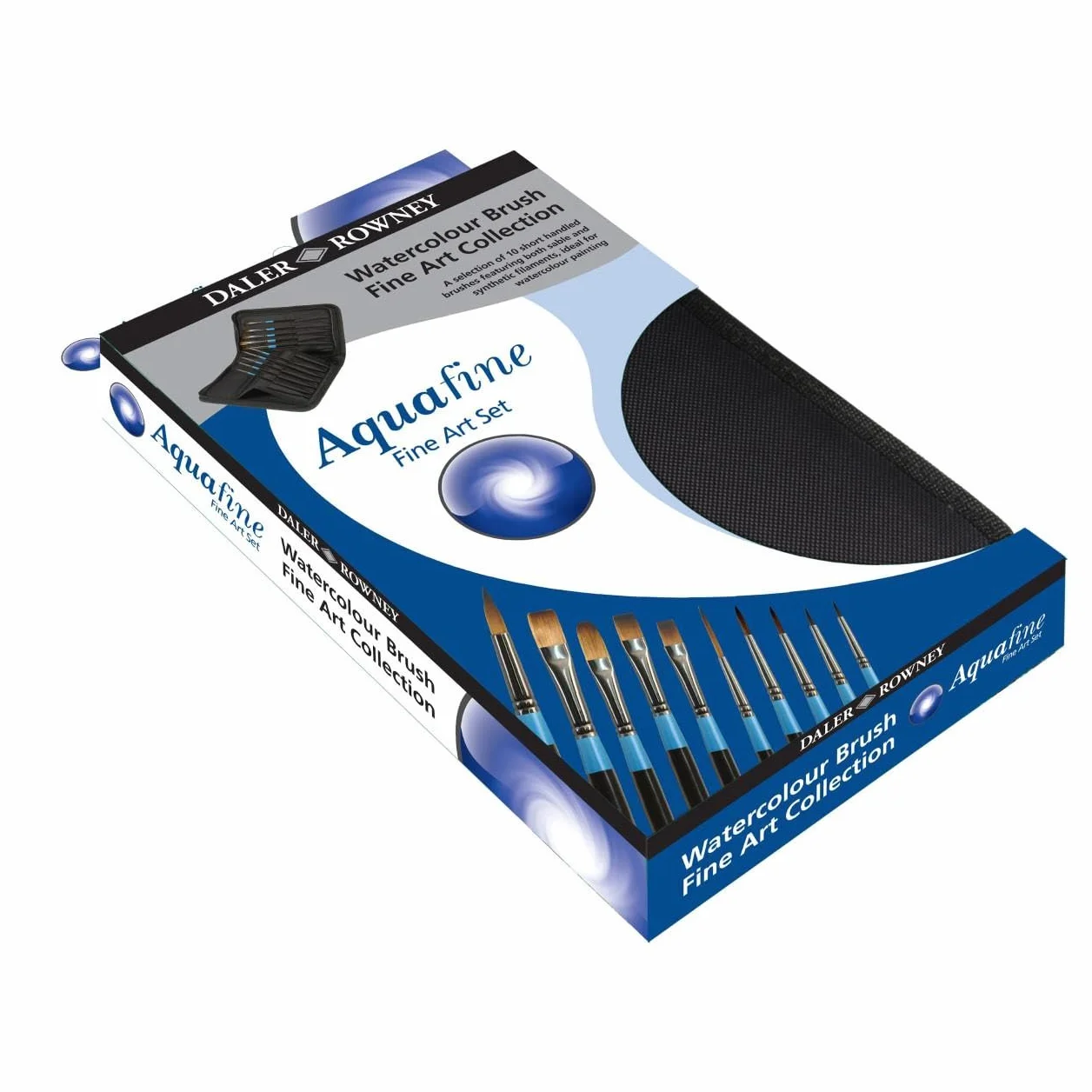 Daler-Rowney Aquafine, Pincel Acuarela, Pelo sintético suave y pelo de marta, Mango Corto, Estuche con cremallera, 10 Pinceles Surtidos