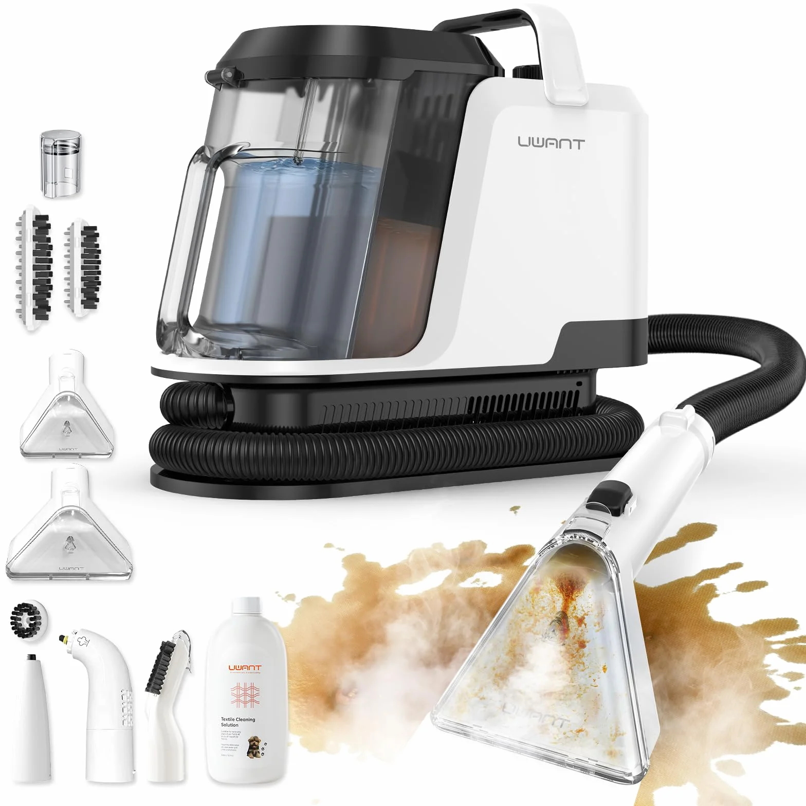 Uwant Aspiradora de Agua Tapiceria Lava y Aspira con Vapor Y100S 1750W 18KPa, 3 en 1 Frío/Agua Caliente 65℃/Vapor 100℃, Portátil, Cepillos mult. Limpia Sofá/Alfombras/Coche/Cocina, 2.4L Depósito