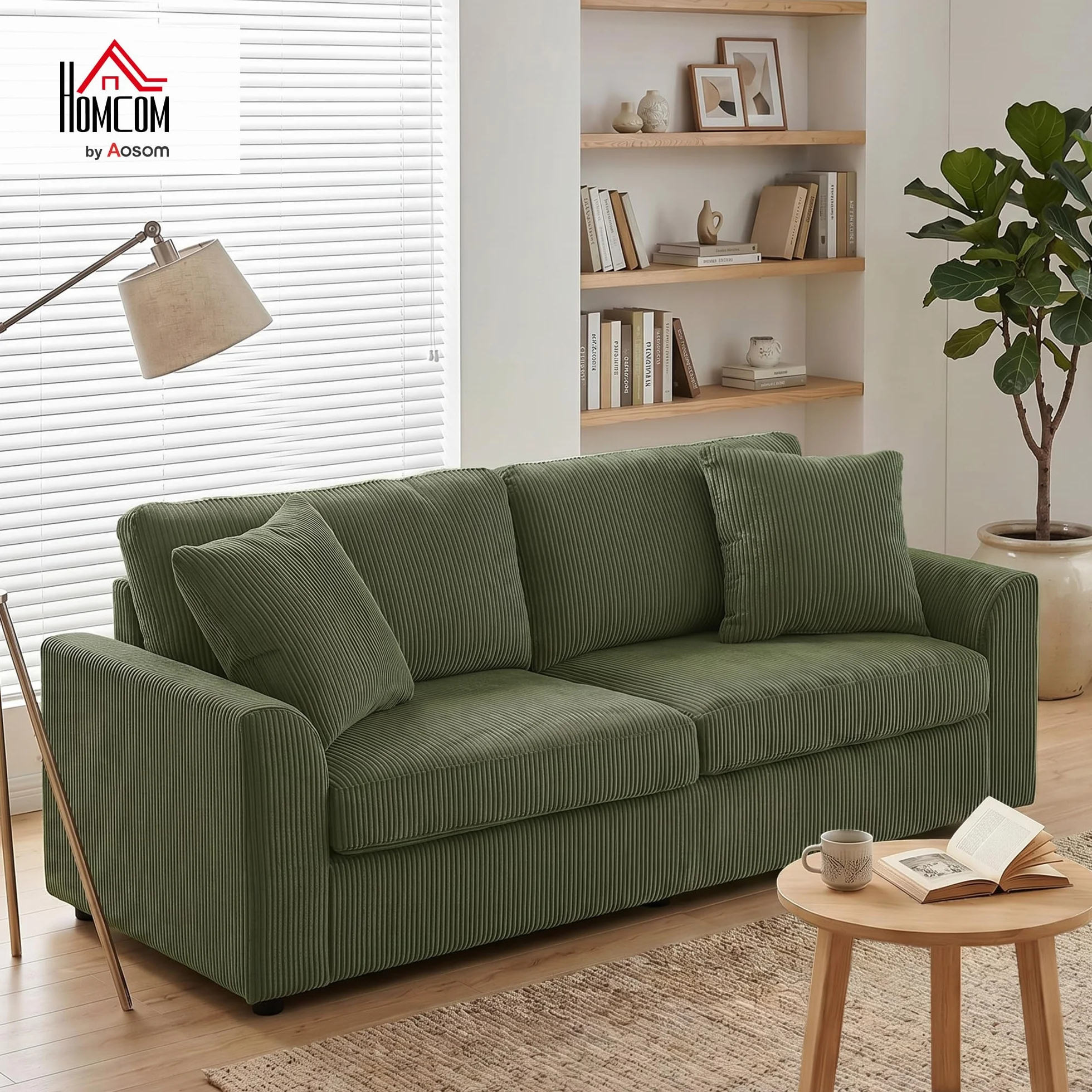 HOMCOM Sofá de 3 Plazas Sofá de Salón 212x80x88 cm Tapizado en Pana con 2 Almohadas Reposabrazos y Cojín de Muelles Diseño Moderno para Sala de Estar Dormitorio Verde