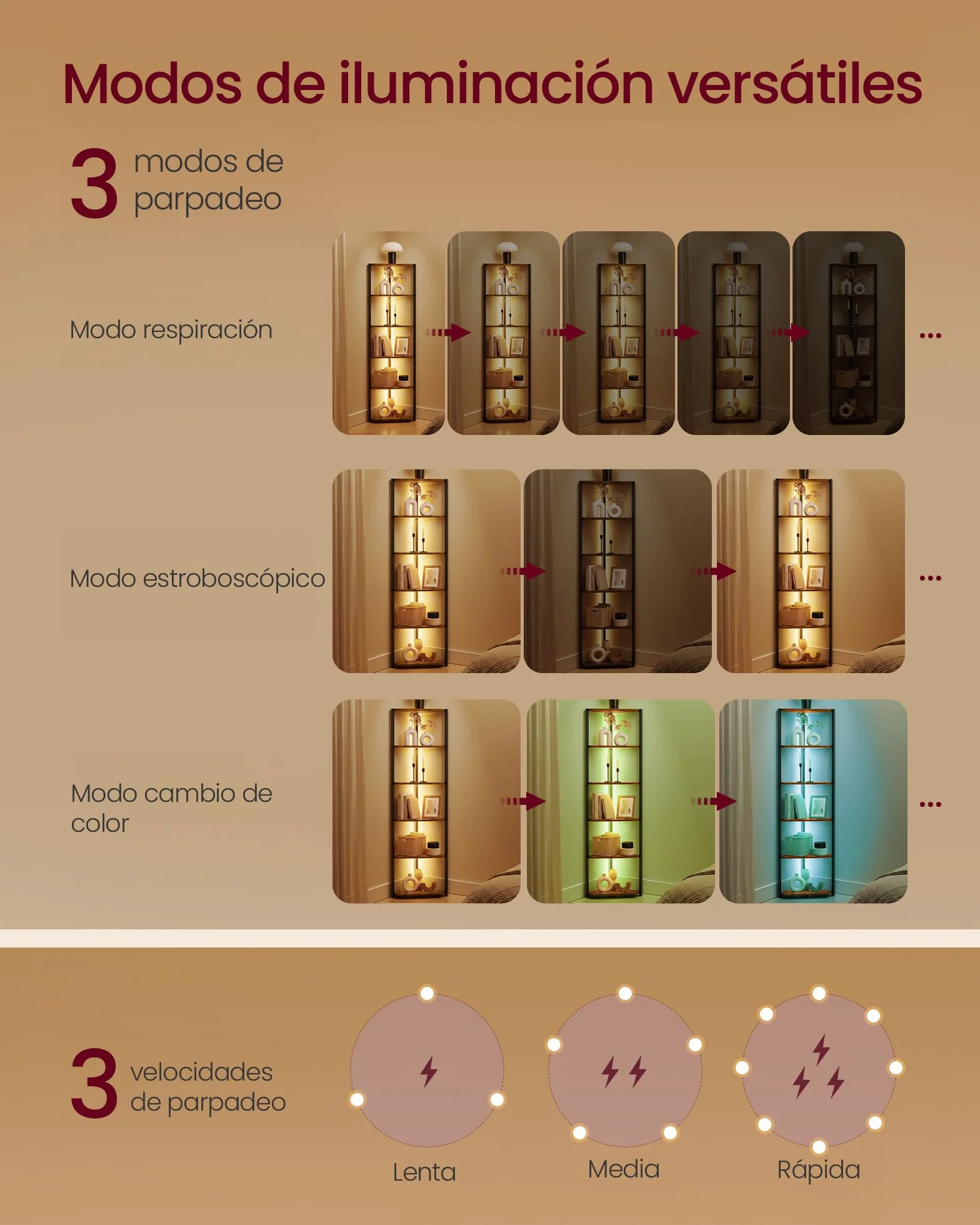VASAGLE Estanteria Esquinera de 6 Niveles, Librería con Iluminación LED Ajustable, Estantería con Marco de Acero, 24,8 x 48 x 182,1 cm, para Salón, Dormitorio, Estudio, Marrón Rústico LBC591KD01