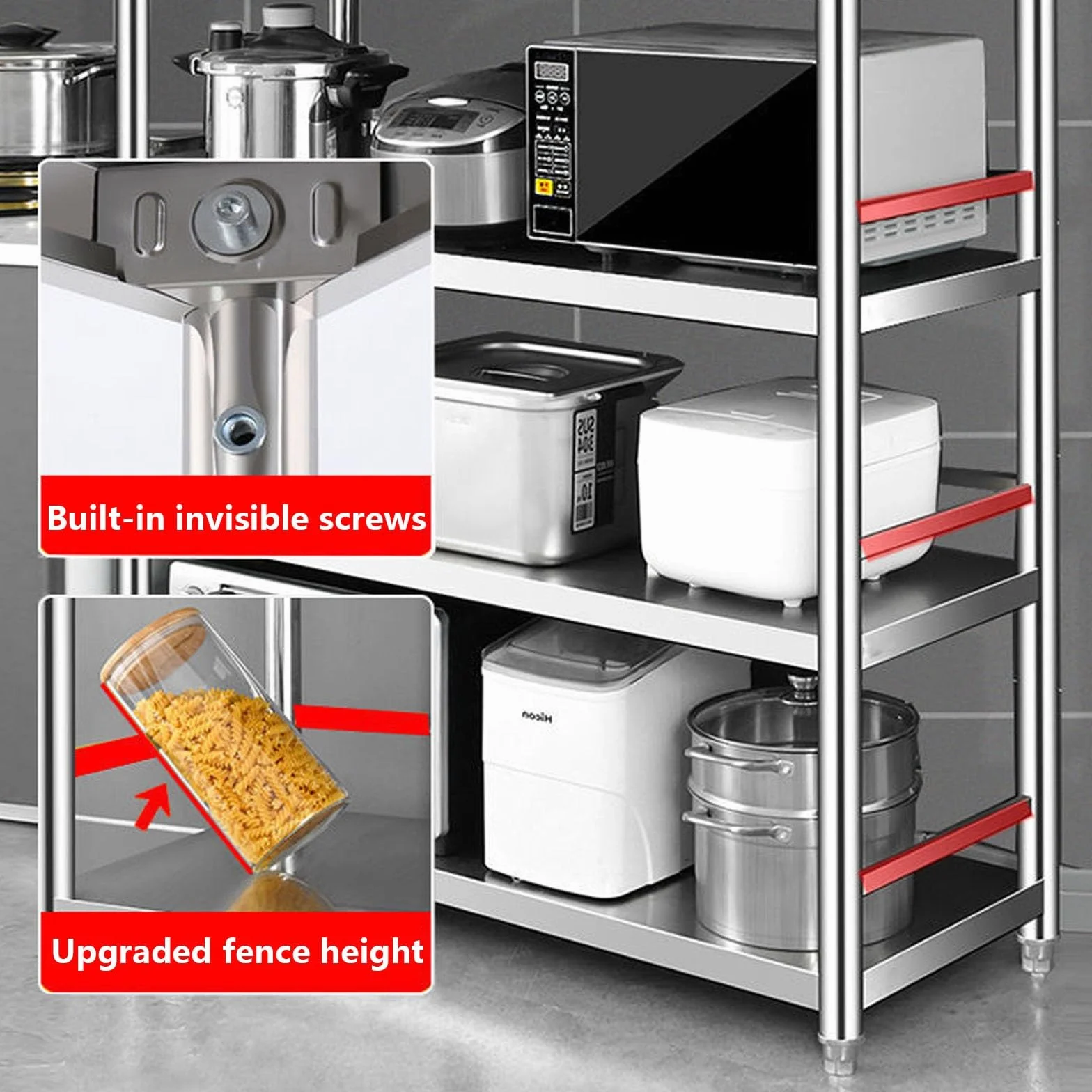 EstanteríA de Cocina EstanteríA para Microondas Muebles Auxiliar de Cocina de Niveles Estante Abierto de Pie con Valla y Almohadilla para Pies Ajustable Acero Inoxidable Plata(110 * 35 * 95)