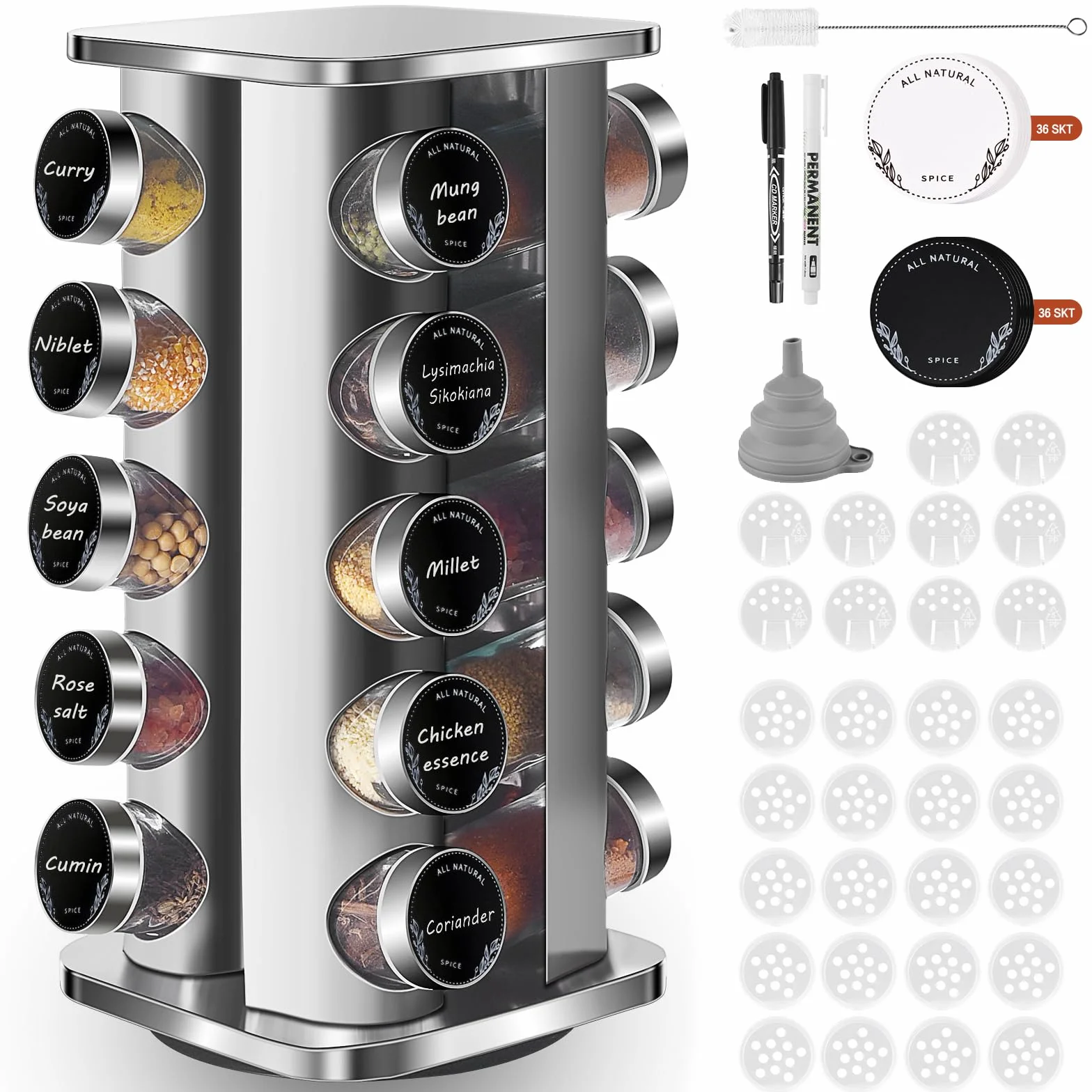 Especieros para Cocina Cuadrado con 20 Botes para Especias,Soportes para Botes de Especias Giratorio 360°-Tarro de Especias con Tapa de Acero Inoxidable,Especieros