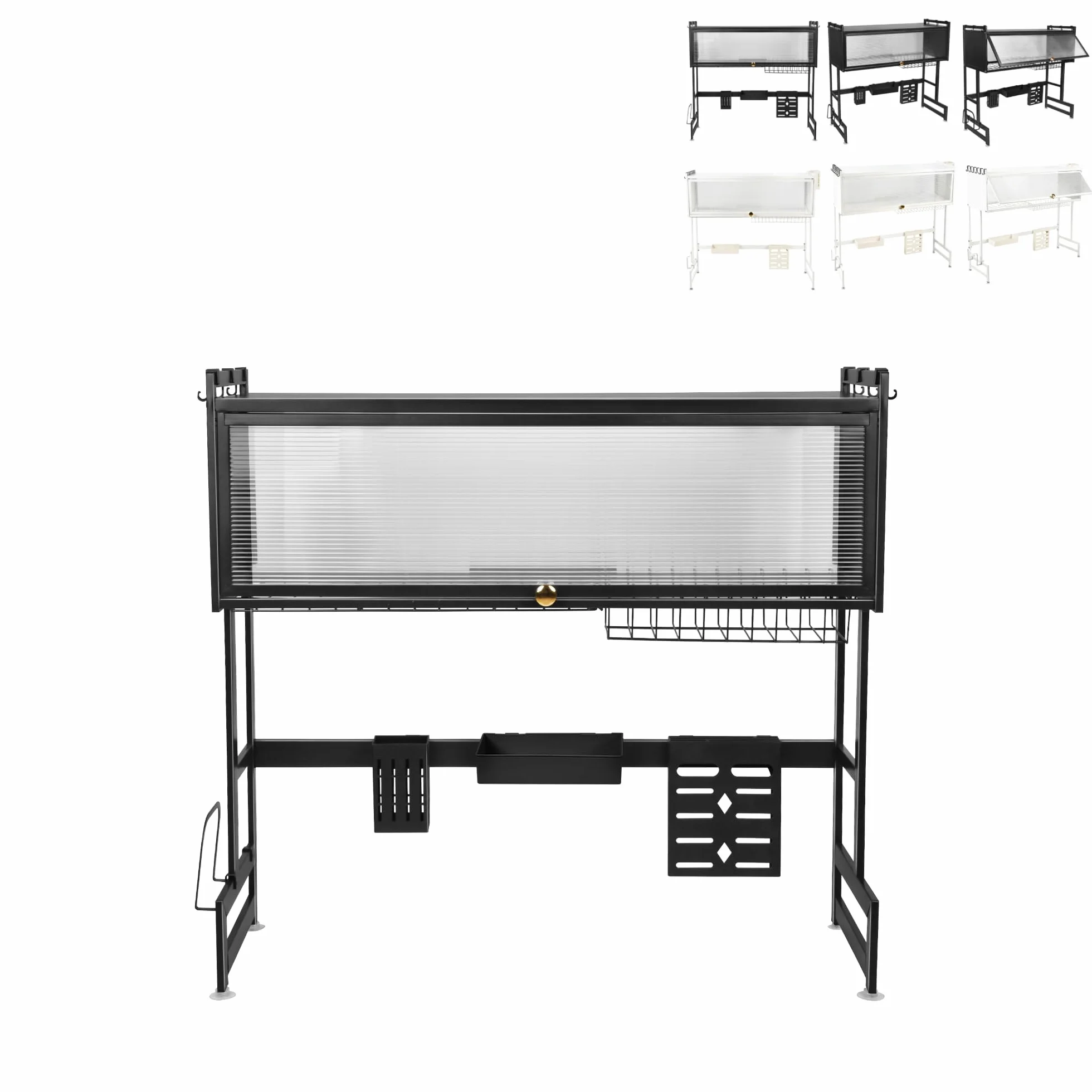 3 niveles escurridor de platos encima del fregadero, escurridor de vajilla con 6 ganchos, organizador encimera de cocina, secador de platos de secado rápido (negro 75 x 28 x 77 cm)