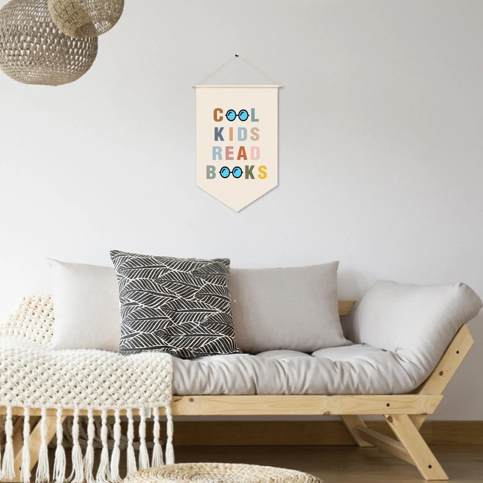 Rincón de lectura para niños decoración bohemia aula diseño simple natural fresco biblioteca pared