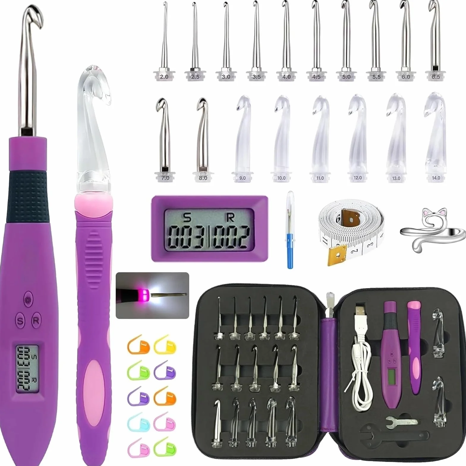 Juego de agujas circulares de tejer de 24 piezas con agujas de ganchillo iluminadas con contador ergonómico con cabeza intercambiable de metal, herramienta de bricolaje para principiantes (juego