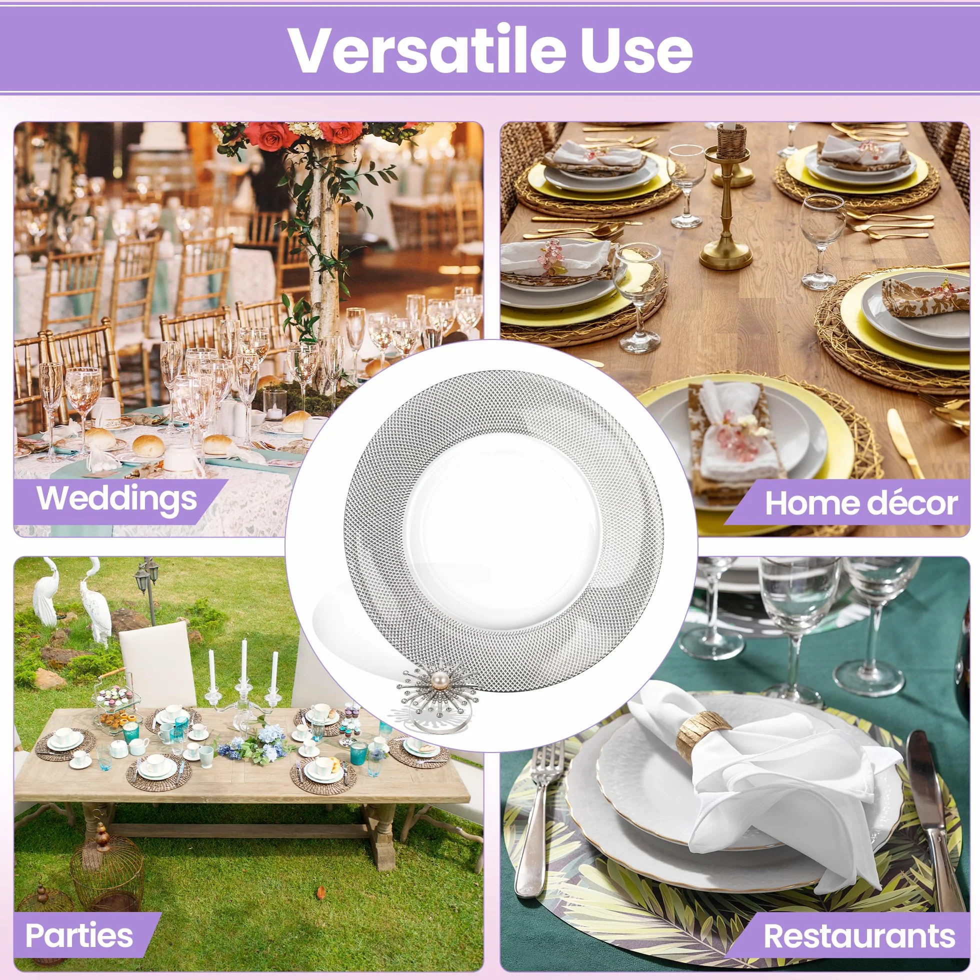 Elegante juego de 12 platos de carga plateados con diseño a cuadros con servilleteros de perlas, cargadores de platos de cristal de 33 cm para bodas, fiestas y eventos especiales, decoración de mesa