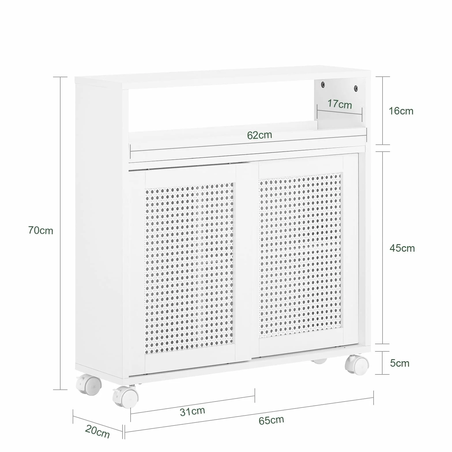 SoBuy Mueble de Baño Estrecho con Ruedas y Estantes Ajustables 20x70x65 cm | Armario Móvil Multifunciona, Almacenaje para Papel Higiénico – Mueble Auxiliar de Baño de Madera, Blanco, BZR119-W