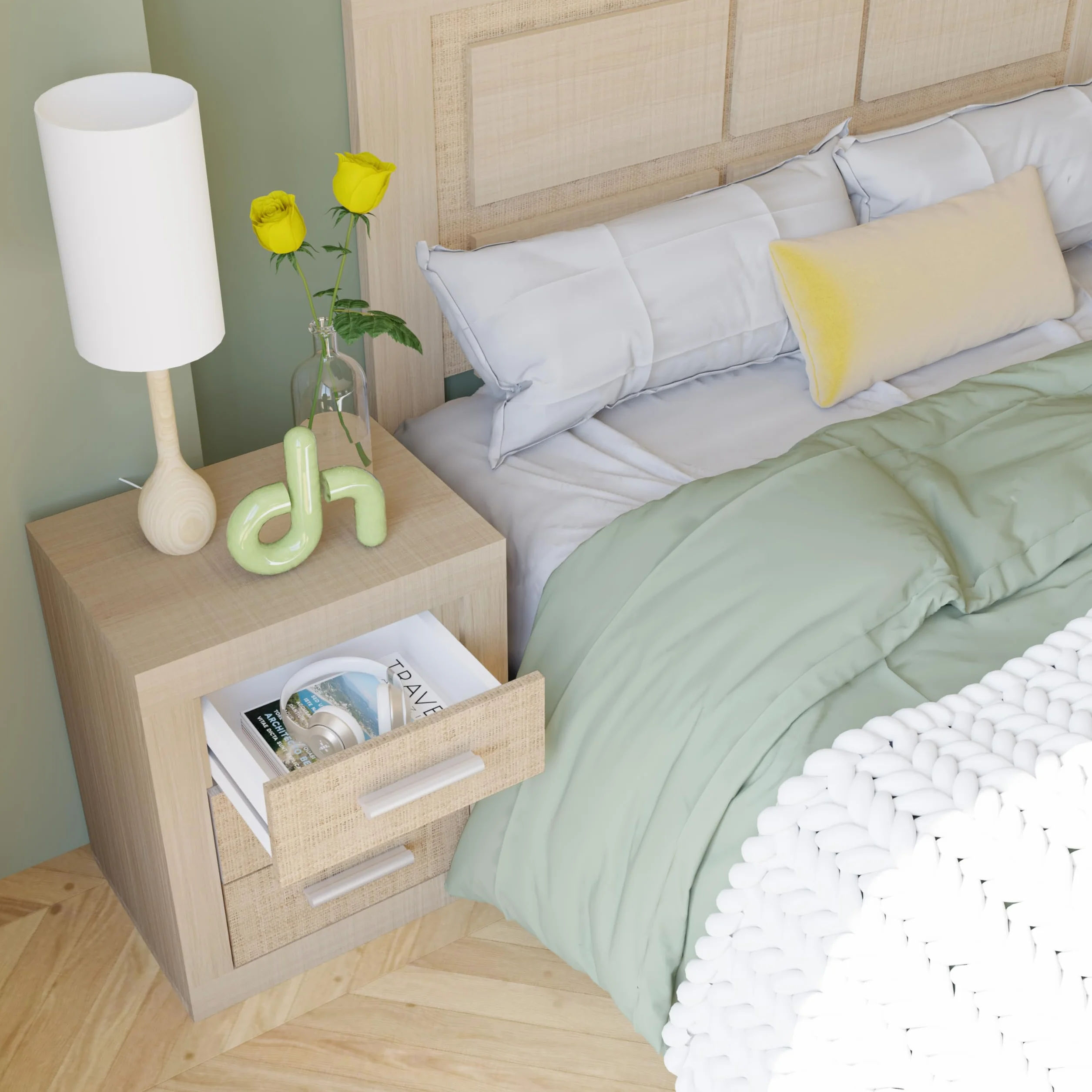 duehome | Mesita de Noche, Mesilla de Dormitorio, Modelo Kira, Acabado en Color Tofe y Textil, Medidas: 50 cm (Largo) x 34,6 cm (Fondo) x 60 cm (Alto)