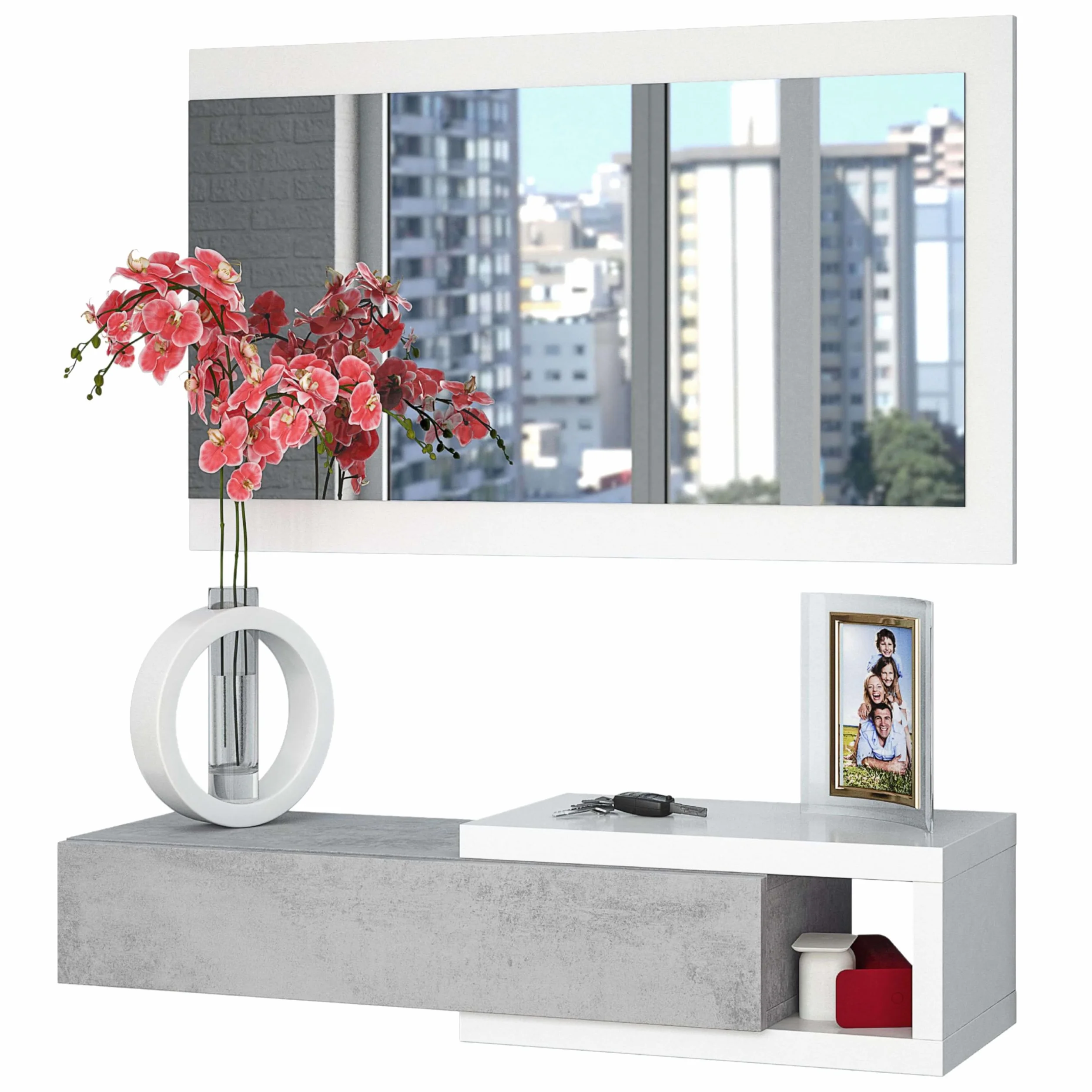 Miroytengo Mueble de Entrada con Espejo Recibidor Neutre Estilo Multifuncional Color Blanco Artik y Gris Cemento 95 cm