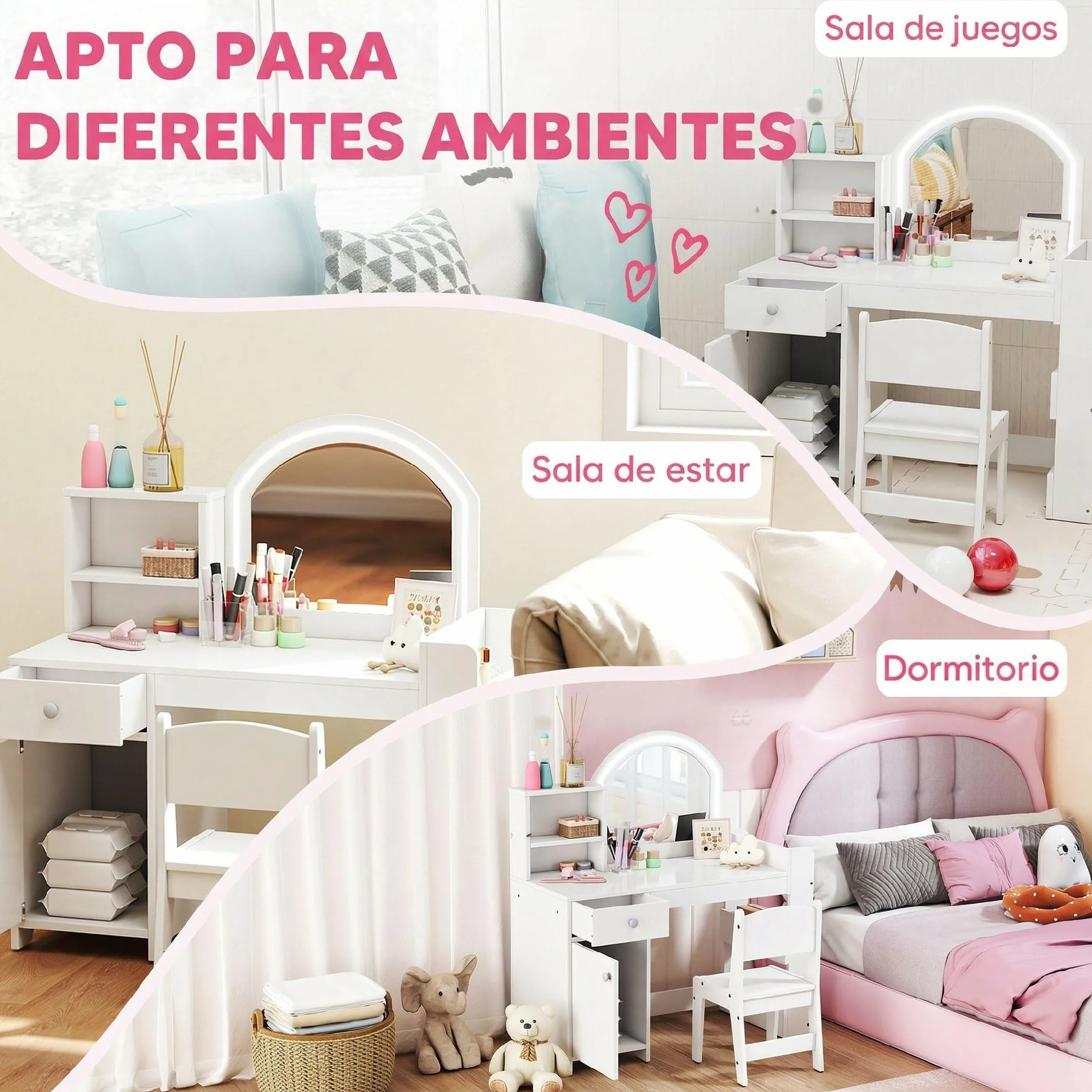AIYAPLAY Tocador de Maquillaje Niña Infantil con Taburete, Espejo LED, Cajón y Estantes, Blanco
