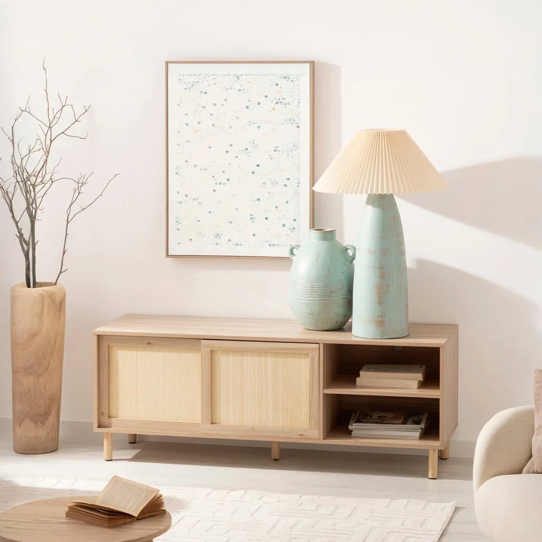 Mueble TV Timor, acabado madera y bambú natural, estilo original y cálido, 2 puertas correderas, 2 estanterías, pasacables, dimensiones 140 x 54 Cm.