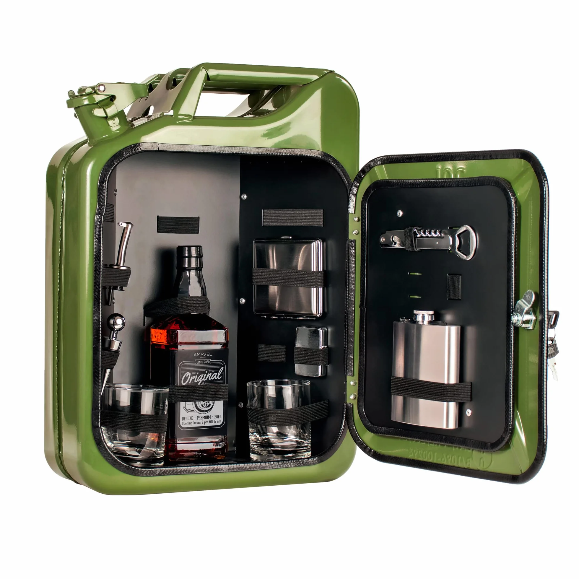 AMAVEL Bidón de 20 l, equipado con bidón de gasolina verde, minibar con juego de 8 accesorios, armario de bar, incluye 2 vasos y soporte para botellas, minibar