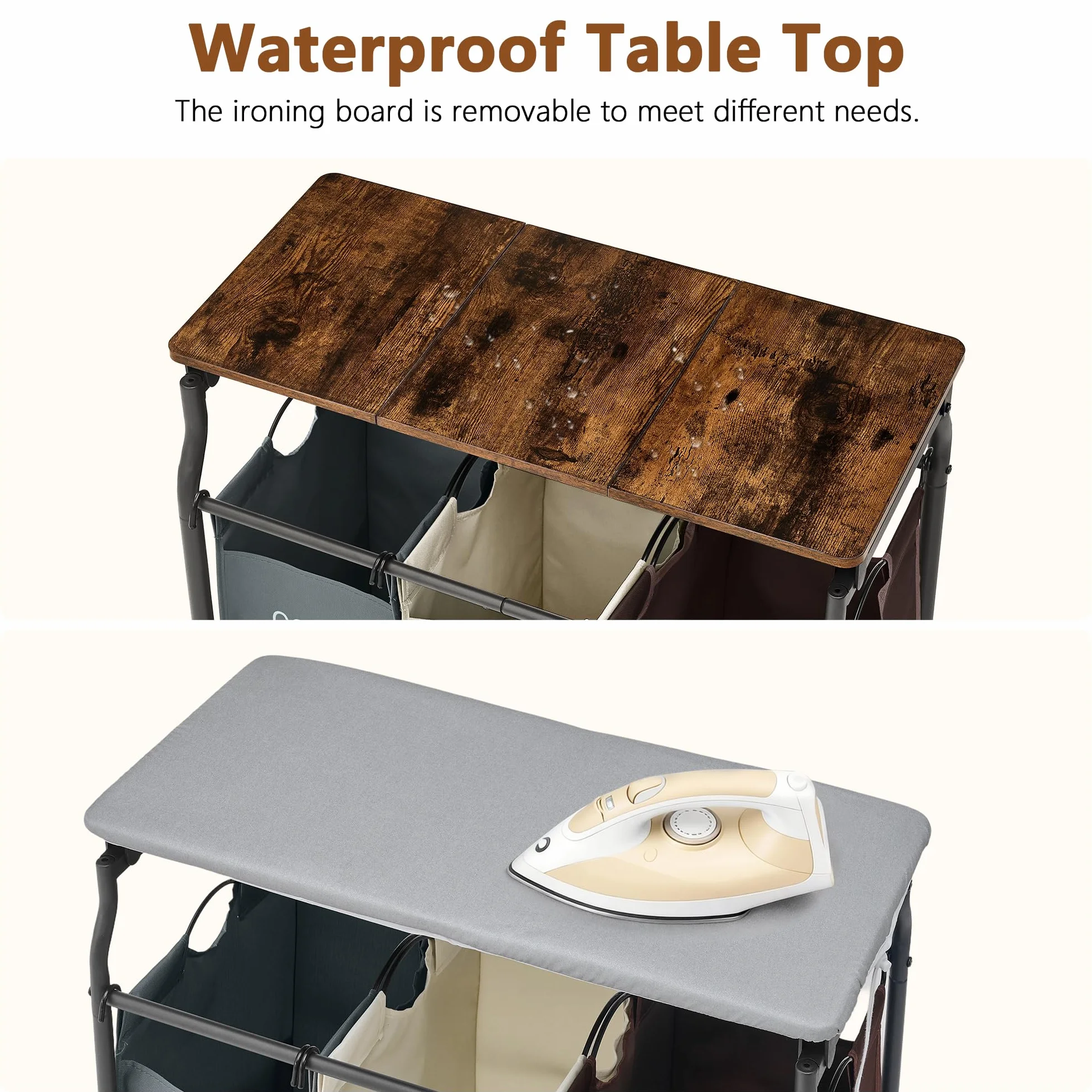 Hoctieon Clasificador de ropa sucia de 3 secciones con tabla de conexión, cesta con ruedas | Con tabla de planchar, cesta con estante y ruedas, organizador de ropa resistente, separador de ropa grande