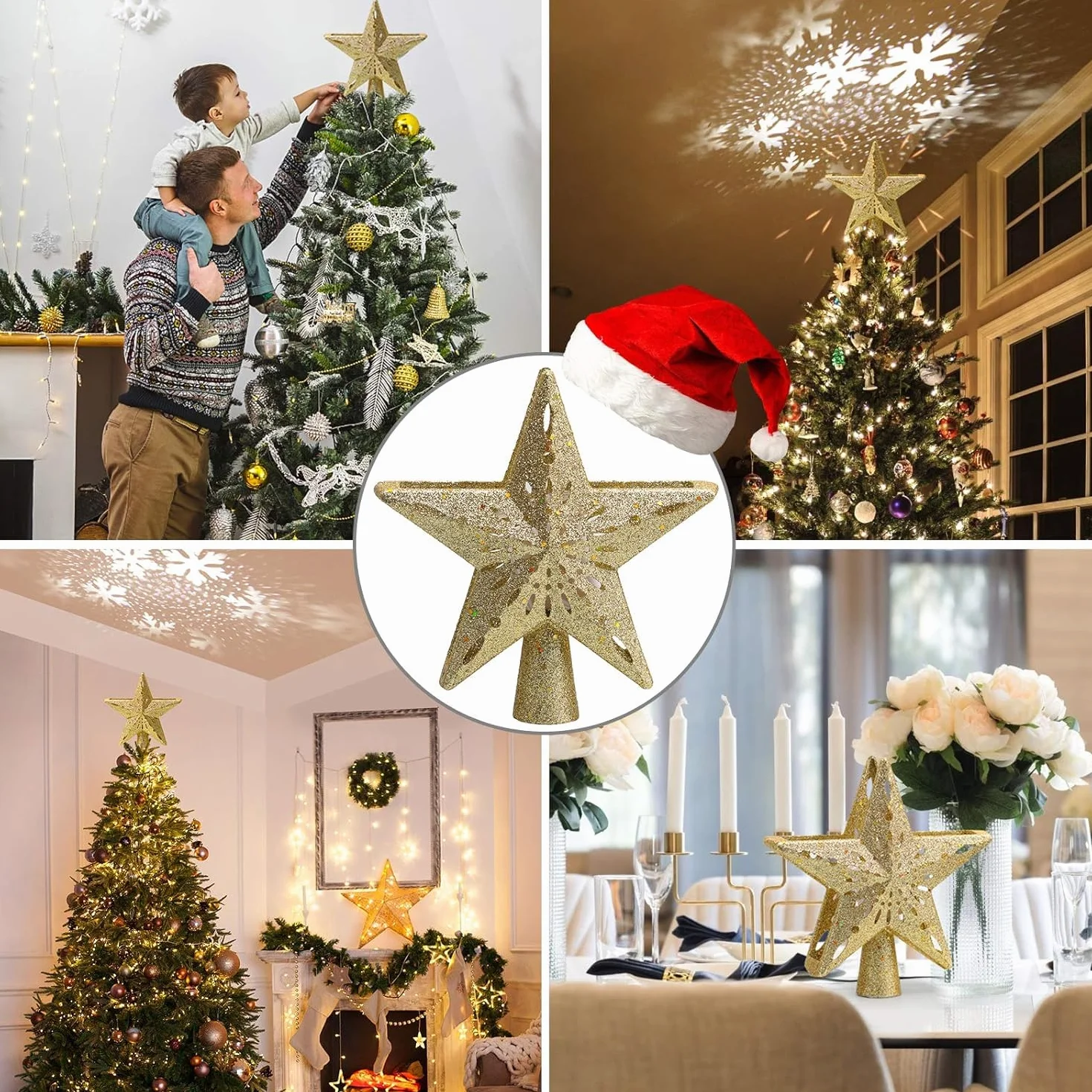 Avoalre Estrella Arbol Navidad con Proyector LED de Copo de Nieve Giratorio Proyector Luces Decoración árbol de Navidad para Hogar Oficina Bar Hotel - Dorado