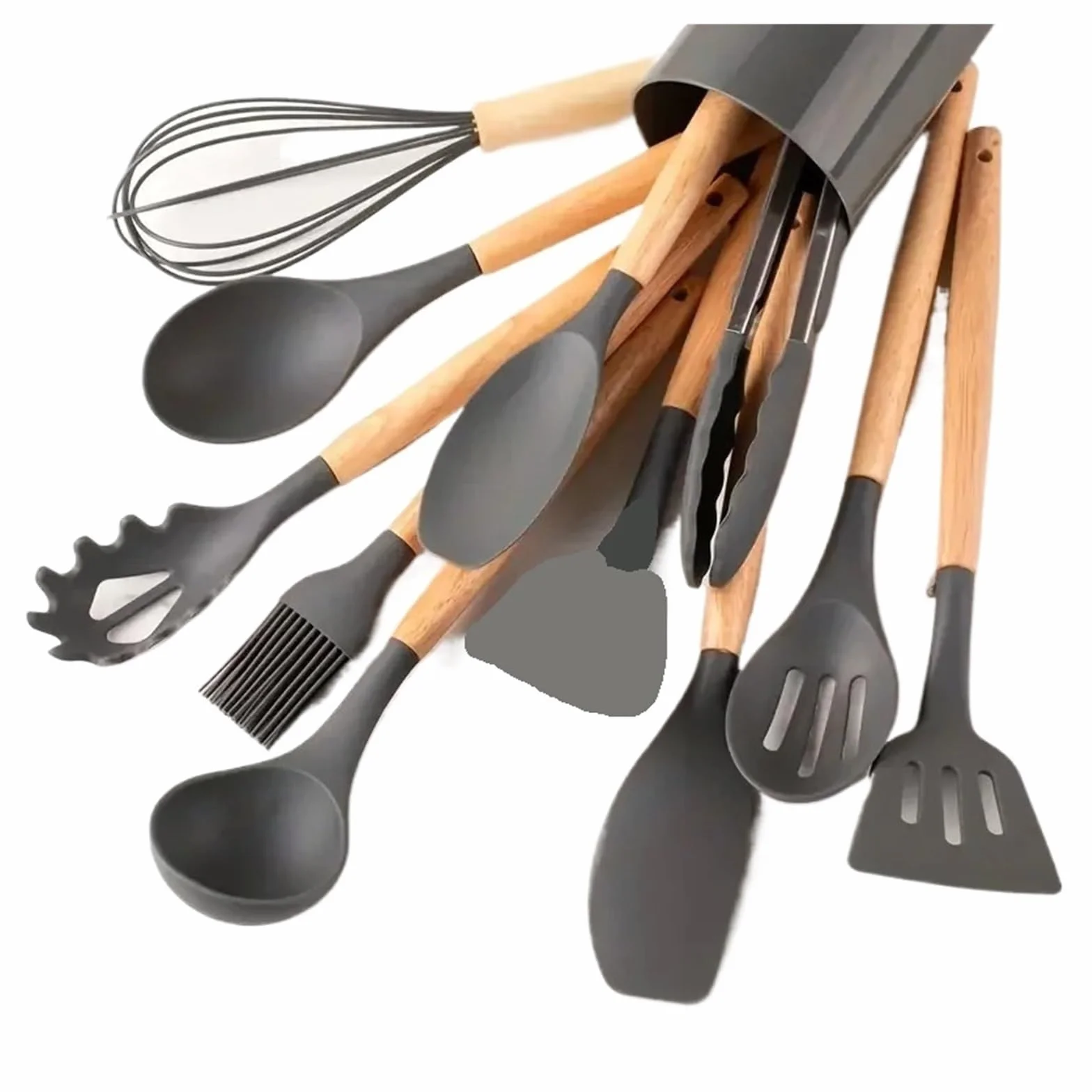 Juego de utensilios cocina con mango madera y silicona: espátula cuchara(12pcs gray)