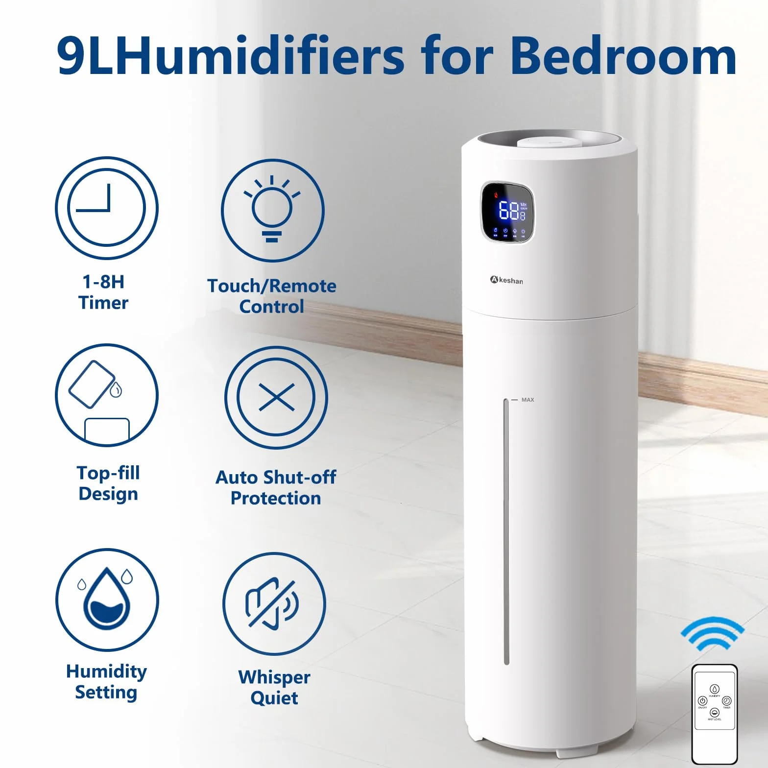 Akeshan Humidificador grande para dormitorio, niebla fría ultrasónica de 9 litros, llenado superior fácil de limpiar con gran velocidad de niebla de 350 ml/h, silencioso, adecuado para habitación de