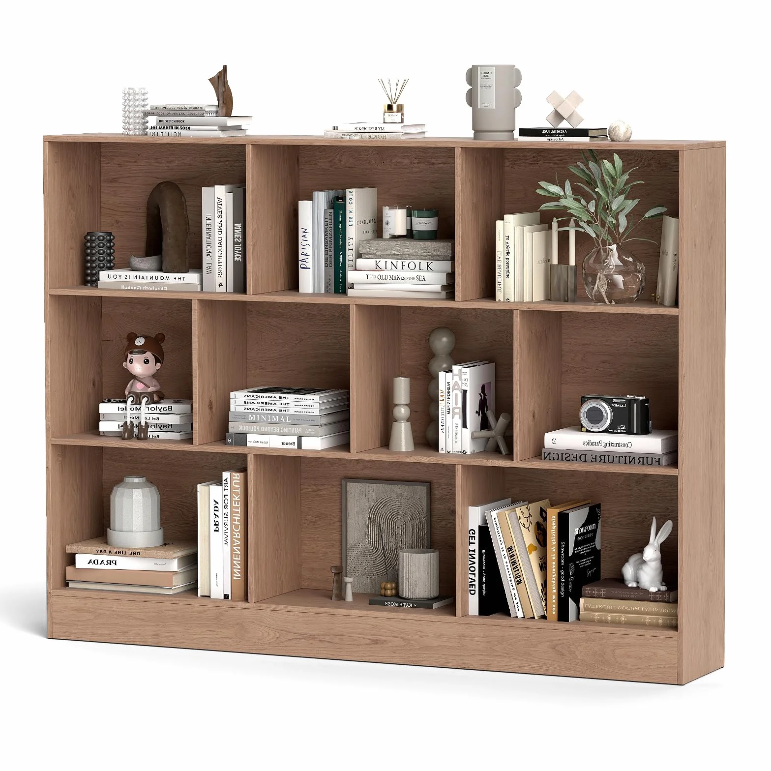KOMFOTTEU Estantería Abierta con 10 Compartimentos, Librería de 3 Niveles con Dispositivo Antivuelco, Mueble de Almacenamiento para Salón, Oficina (Natural, 140 x 24 x 104 cm)