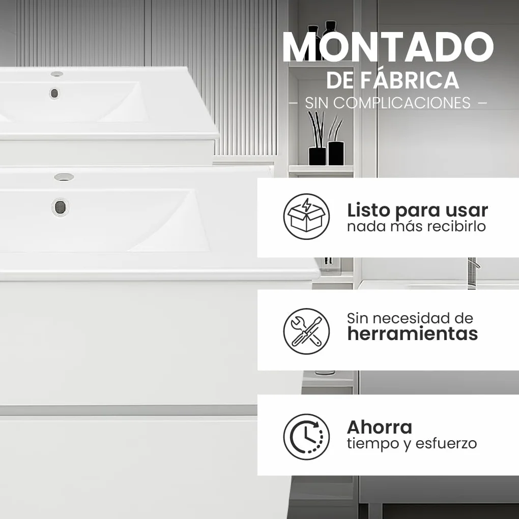 Mueble Baño con Lavabo 80 cm Compacto Preinstalado con Pie de Porcelana