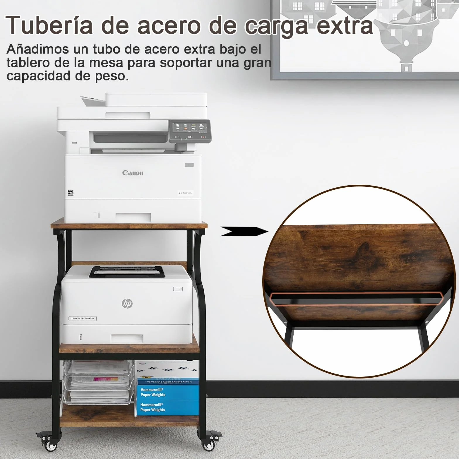 PUNCIA Mesa para Impresora Ajustable en Altura 60x50cm 3 Niveles con Ruedas Madera y Metal Carrito Almacenaje Oficina Escuela Estudio