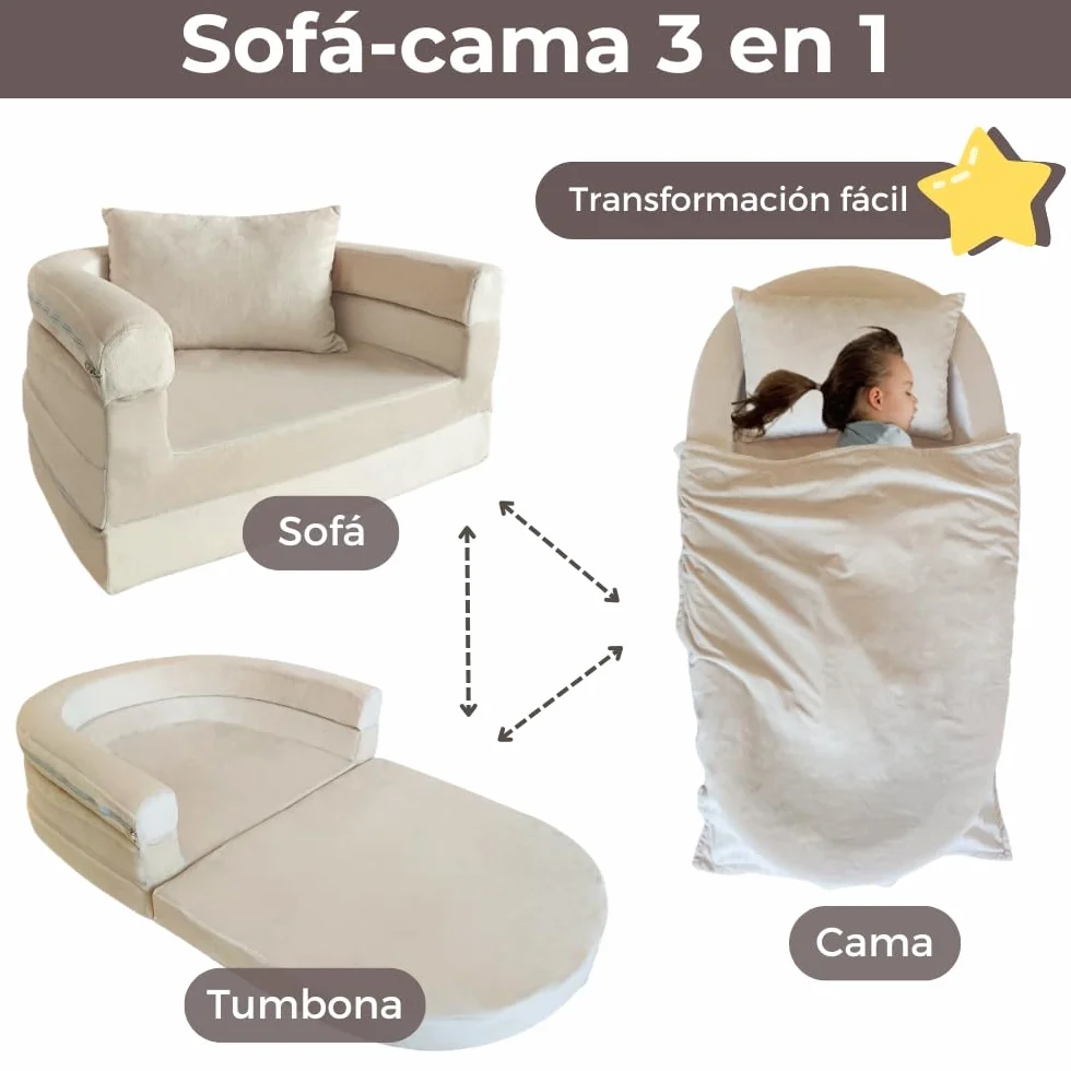Wonder Space Sofá de espuma premontado para niños con manta y almohada, sofá convertible 3 en 1, silla de salón plegable para interiores y cama plegable para niños y niñas (marfil)