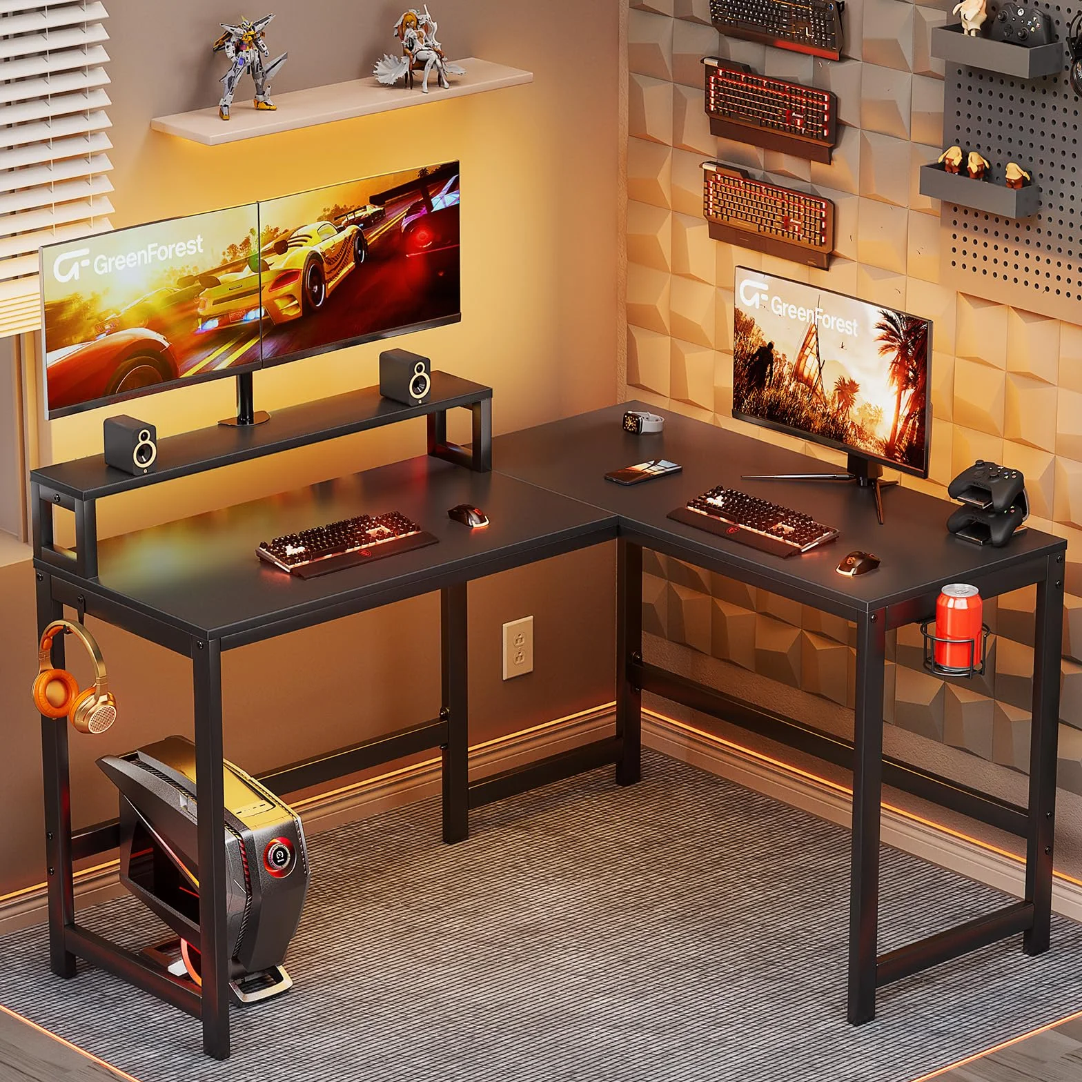 GreenForest Escritorio para juegos en forma de L con portavasos y gancho para auriculares, reversible de 128 cm para computadora con soporte para monitor