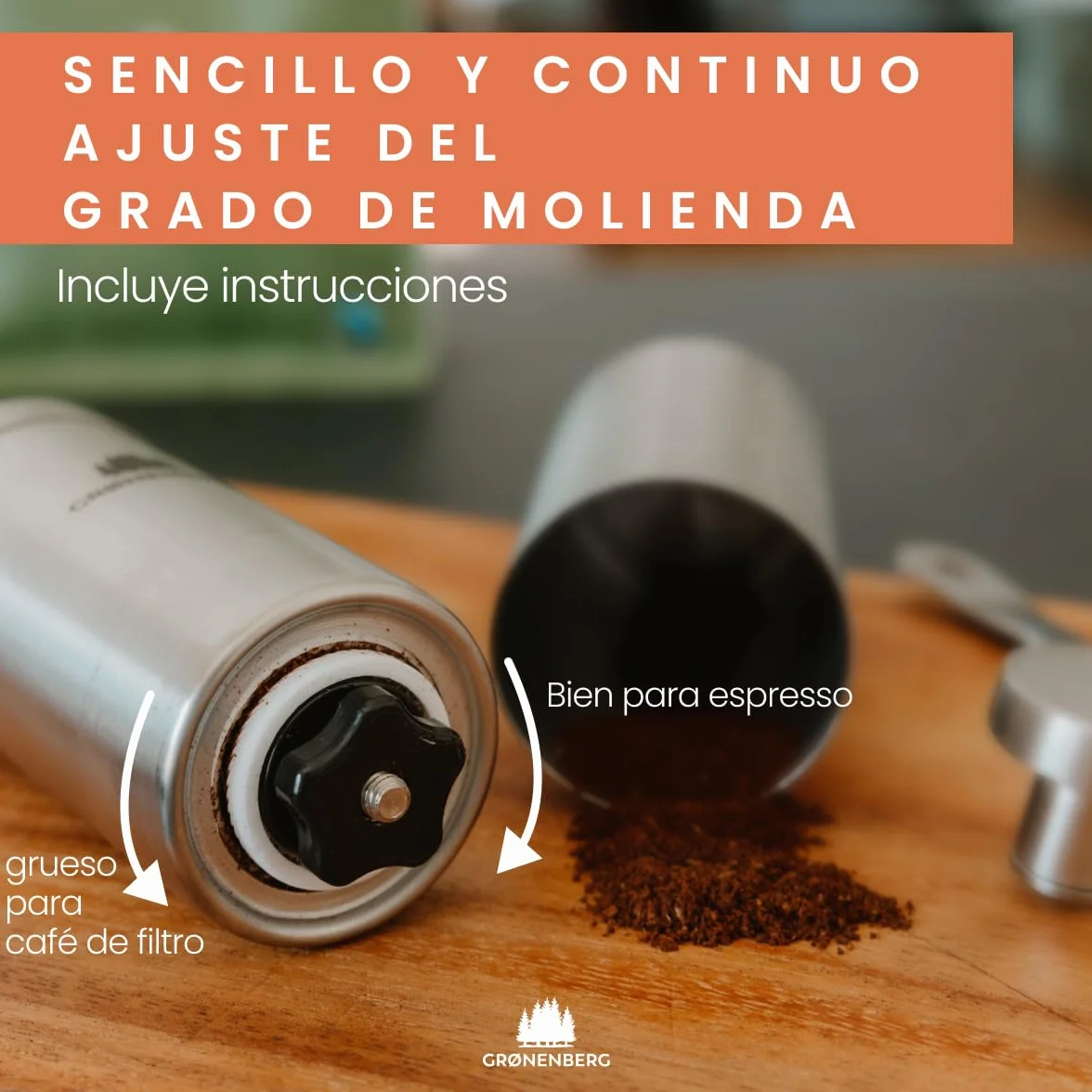 Groenenberg Pack ahorro 1 | Cafetera francesa 1l + Molinillo de café manual | Prensa francesa (acero inox) con filtros de repuesto