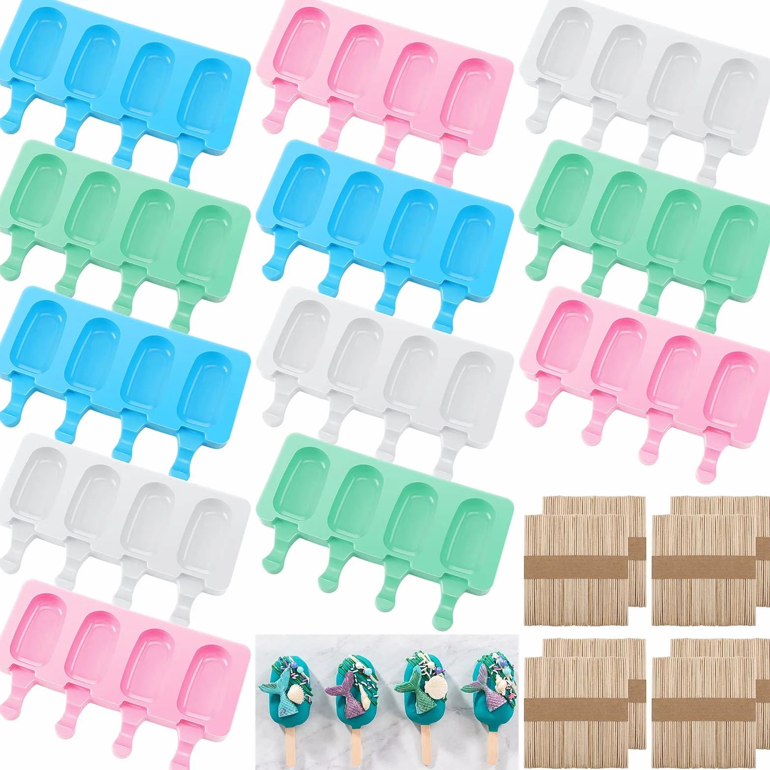 Irenare 12 moldes caseros para tartas, 4 cavidades, moldes ovalados de silicona reutilizables con 50 palos de madera para hacer helados