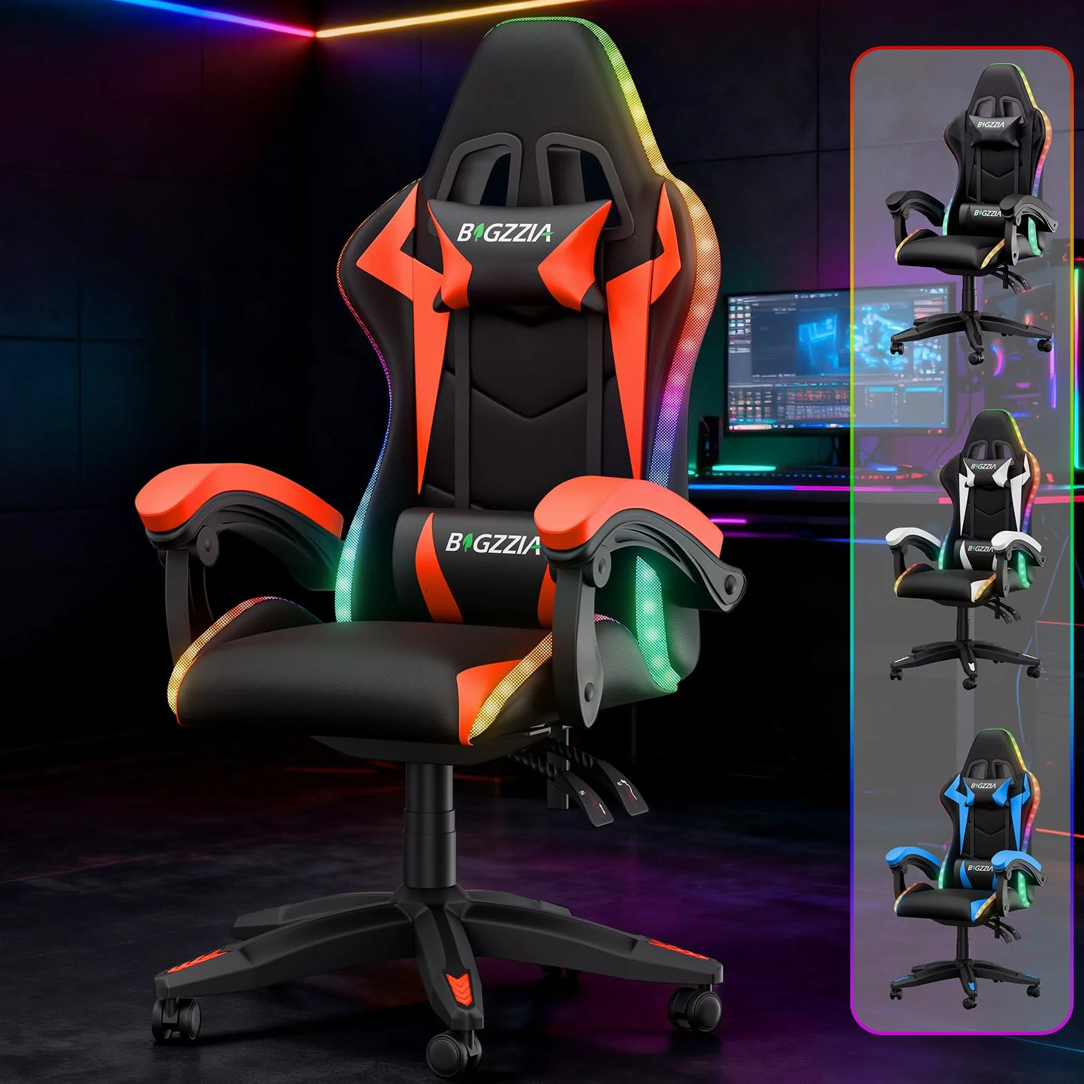 Silla para videojuegos con iluminación LED, silla ergonómica con luz RGB, reposacabezas ajustable y soporte lumbar, piel sintética, silla de oficina, altura e inclinación ajustable (negro y rojo)
