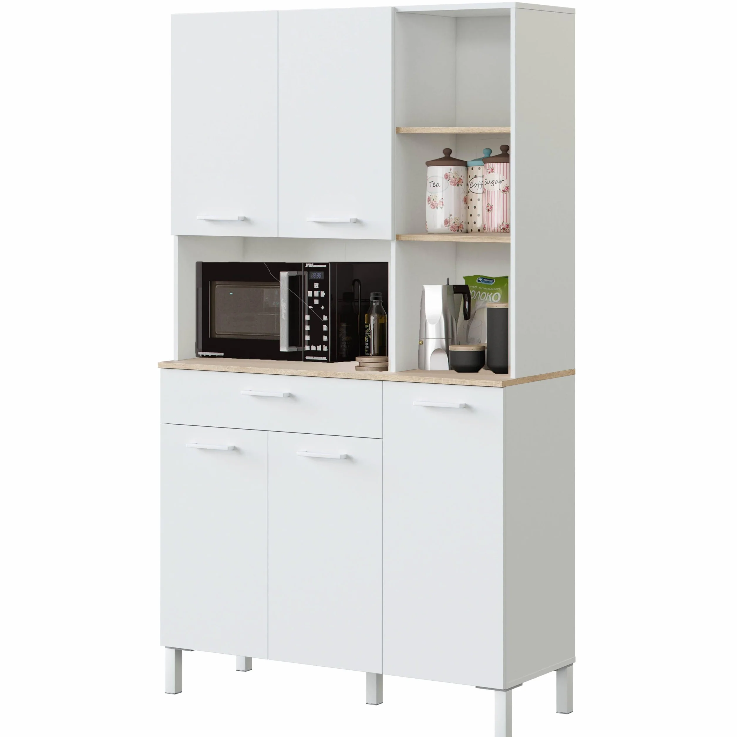 Habitdesign Mueble Auxiliar Cocina 5 Puertas + 1 Cajón, Modelo Kira, Acabado Blanco Artik y Roble Canadian, Medidas: 186 cm (Alto) x 108 cm (Ancho) x 40 cm (Fondo)