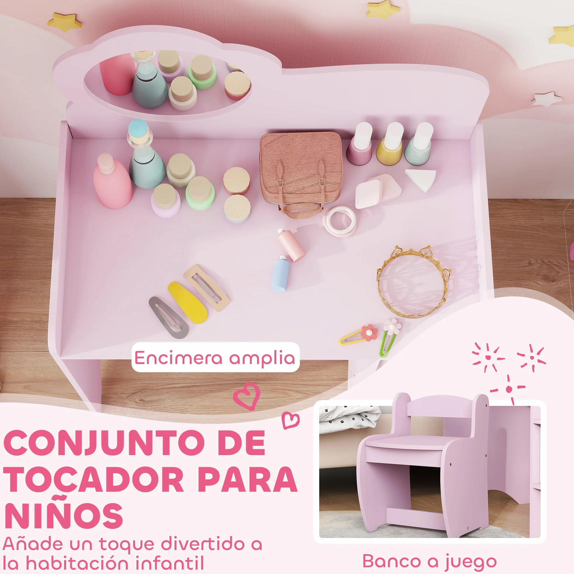 AIYAPLAY Tocador de Maquillaje Niña 2 en 1 Escritorio Infantil con Taburete Espejo Flor Estantes Abiertos Morado