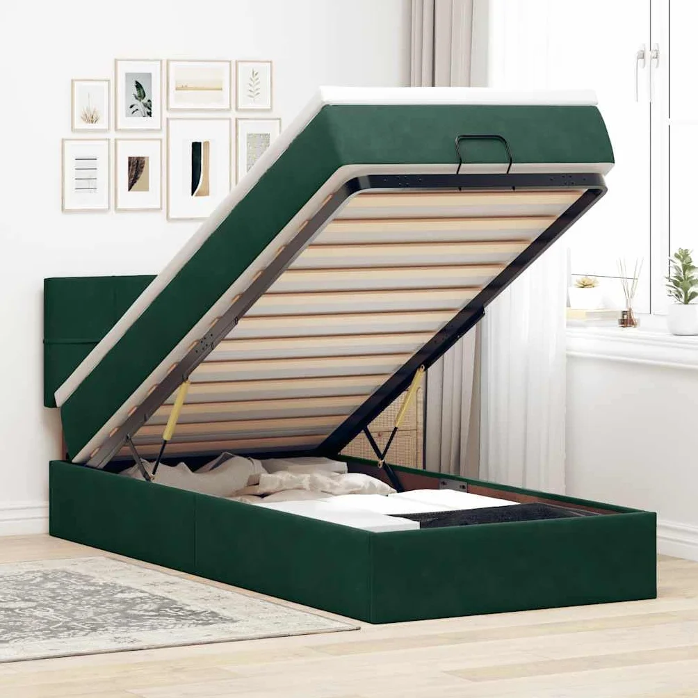Juego otomana con colchón e iluminación LED, color verde oscuro, 100 x 200 cm, terciopelo doble, con espacio de almacenamiento, cama tapizada, cama de metal, cama infantil, sofá cama