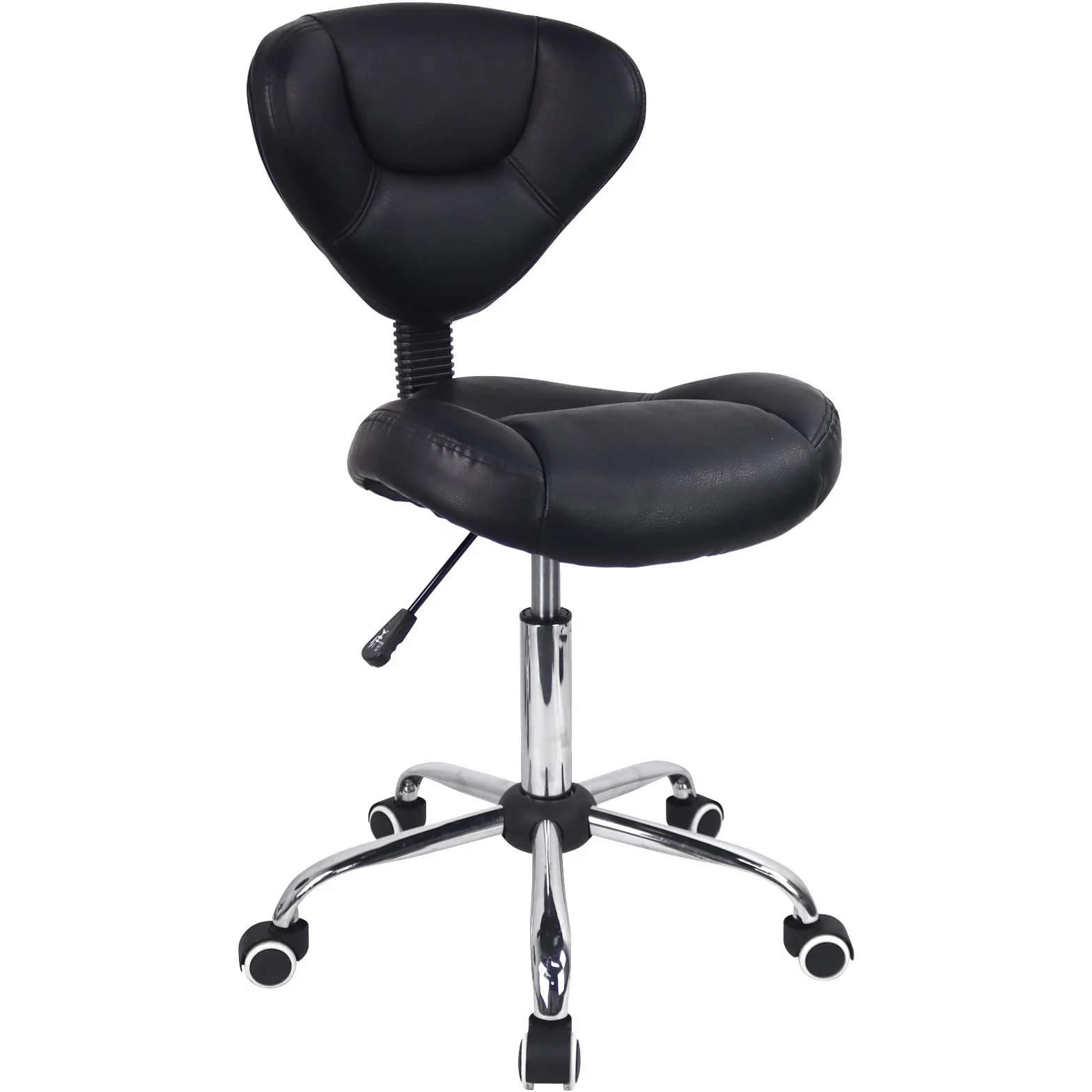 WKWKER Taburete Ergonómico Rodante con Cojín Grueso PU Cuero Altura Ajustable Taburete Giratorio para Trabajo SPA Salón Tatuaje con Respaldo (Negro)