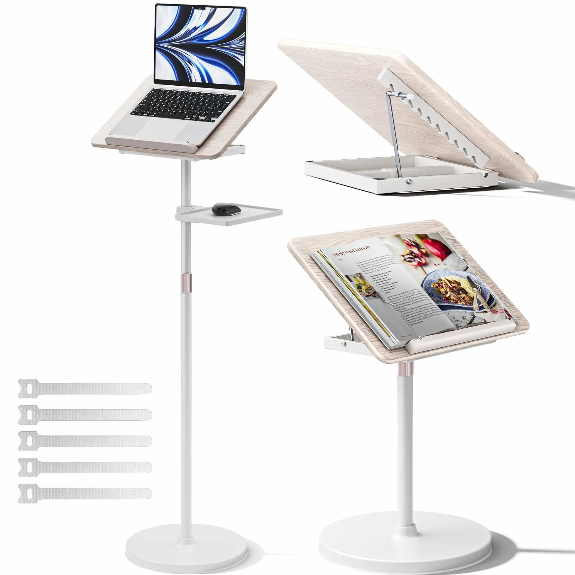 Soporte Ajustable 2 en 1 para Libros y Portátiles - Altura Regulable 60-132 cm, Uso Dual en Suelo y Mesa, Clip Elásticos para Partituras, Recetas, Tablets y Laptops, Diseño Moderno en Blanco