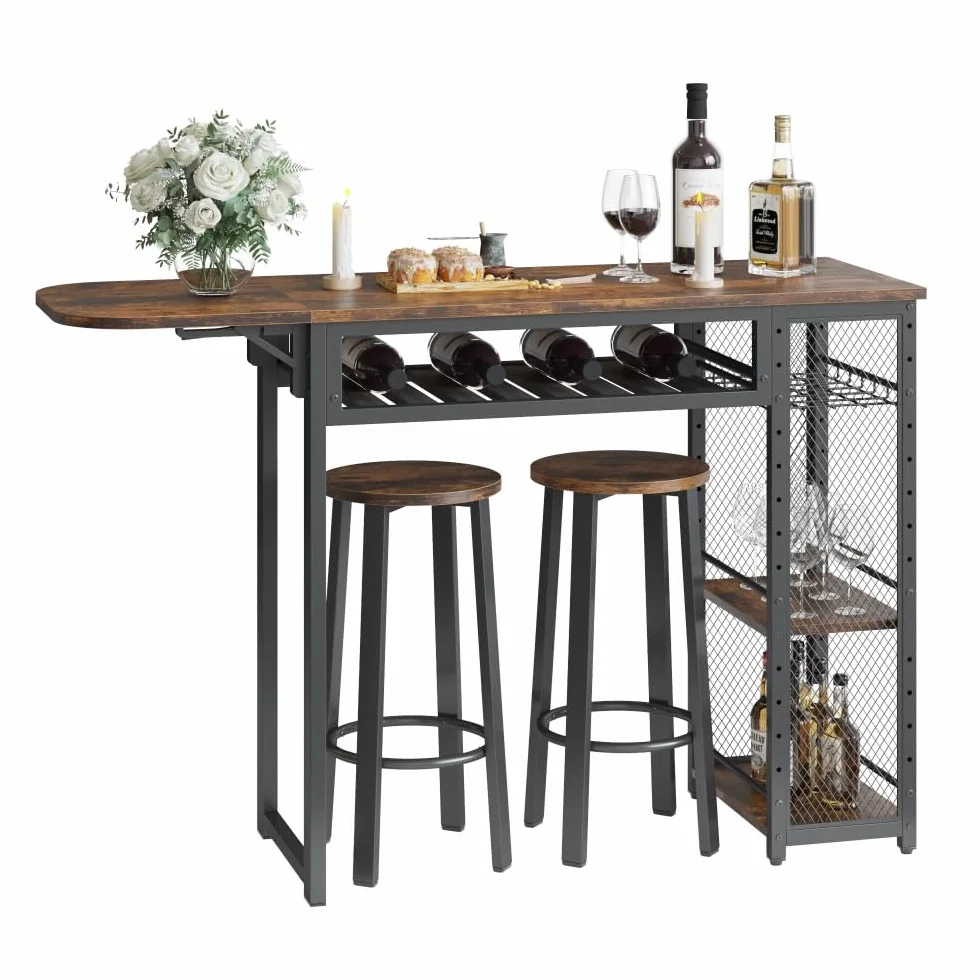 Juego de Mesa de Bar, Mesa con 2 taburetes de Bar, Mesa de Comedor con Soporte para Copas de Vino y Estante, Mesa de Cocina de Estilo Industrial, Mesa Alta para Bar, bistró y salón (marrón)