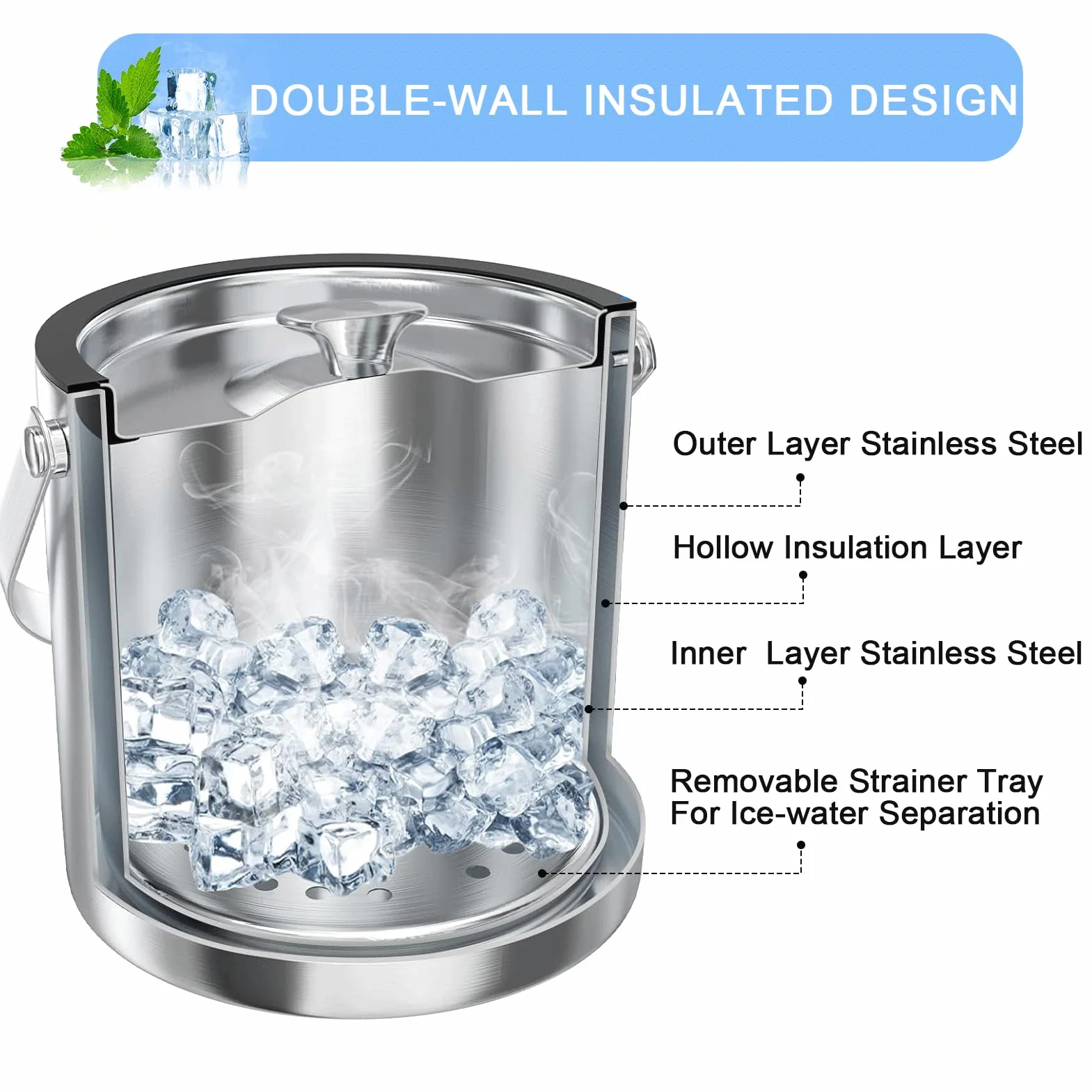 Cubierta de Acero Inoxidable,4L Cubiteras Acero Inoxidable,Cubitera Hielo de Acero Inoxidable con Tapa,Cuchara,Pinzas y Colador,Cubo de Hielo de Acero Inoxidable con Aislamiento de Doble Pared