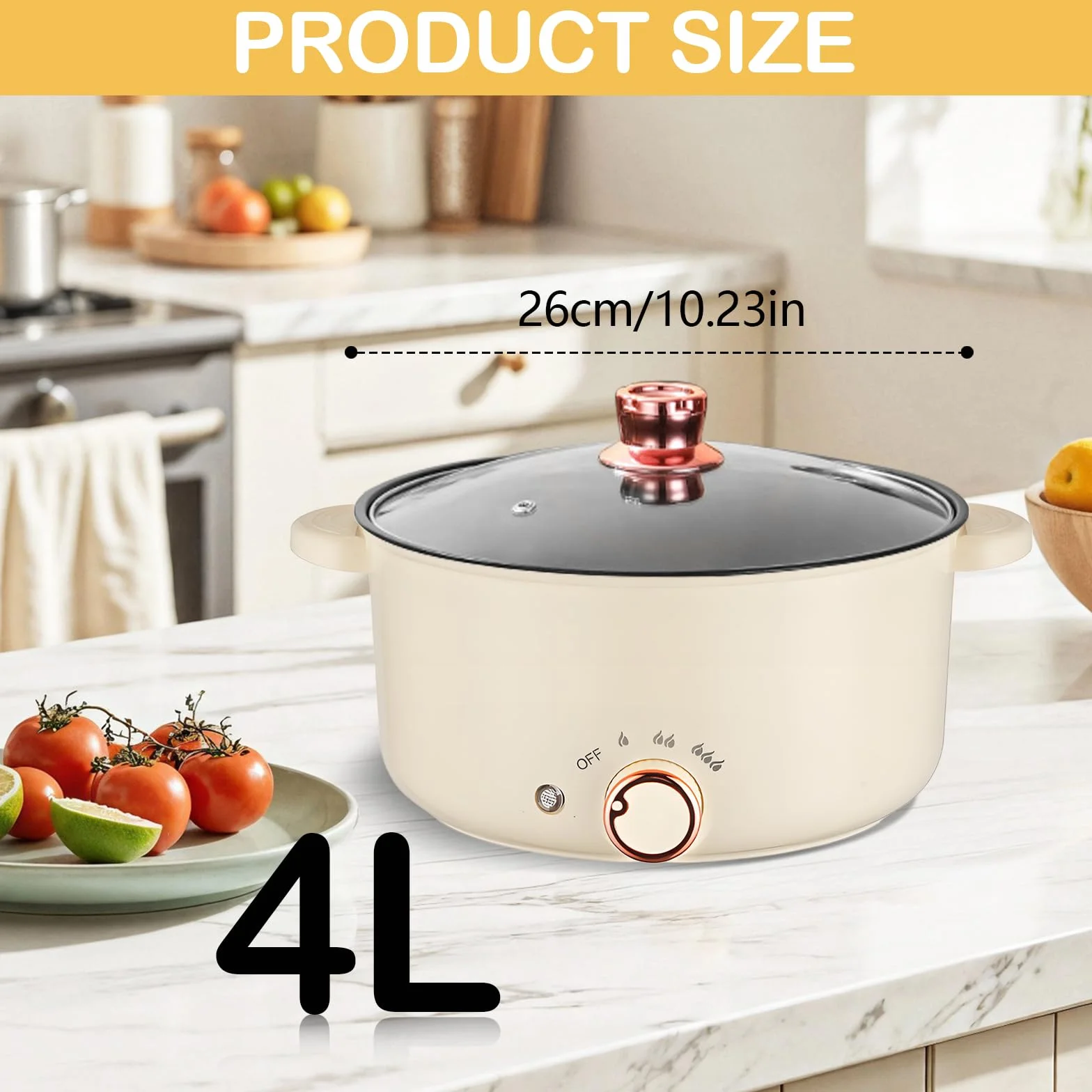 Crockpot Olla Eléctrica 4L 1000W Antiadherente 3 Ajustes Potencia Guisos Sopa Fideos Freír Filetes Saltear Verduras