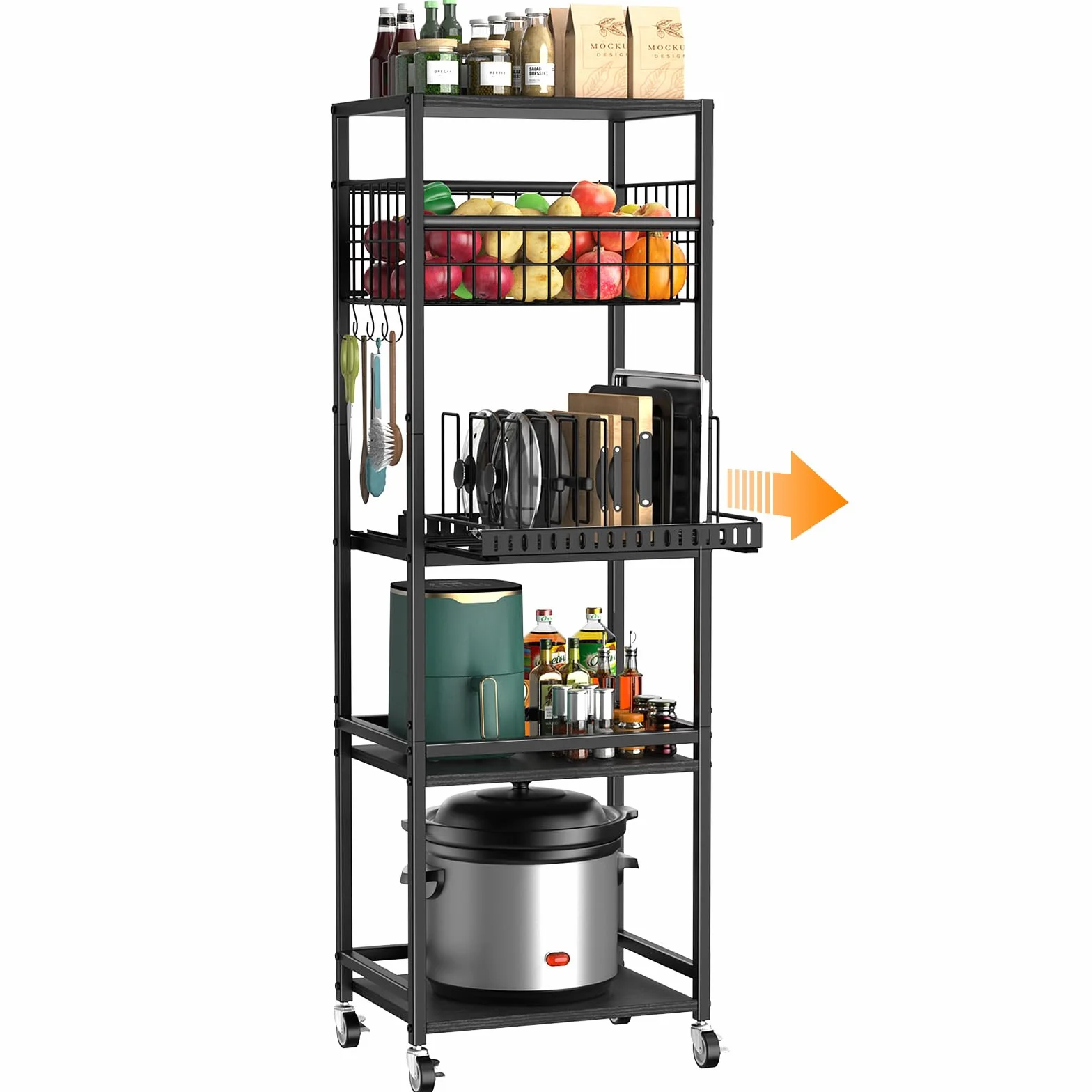 Housolution Carro Rodante de Cocina de 5 Niveles, Carrito con Cesta Metálica y Organizador Extraíble para Tabla de Cortar y Tapa de Olla, Estantería con Tapa de Madera para Cocina, Despensa, Baño