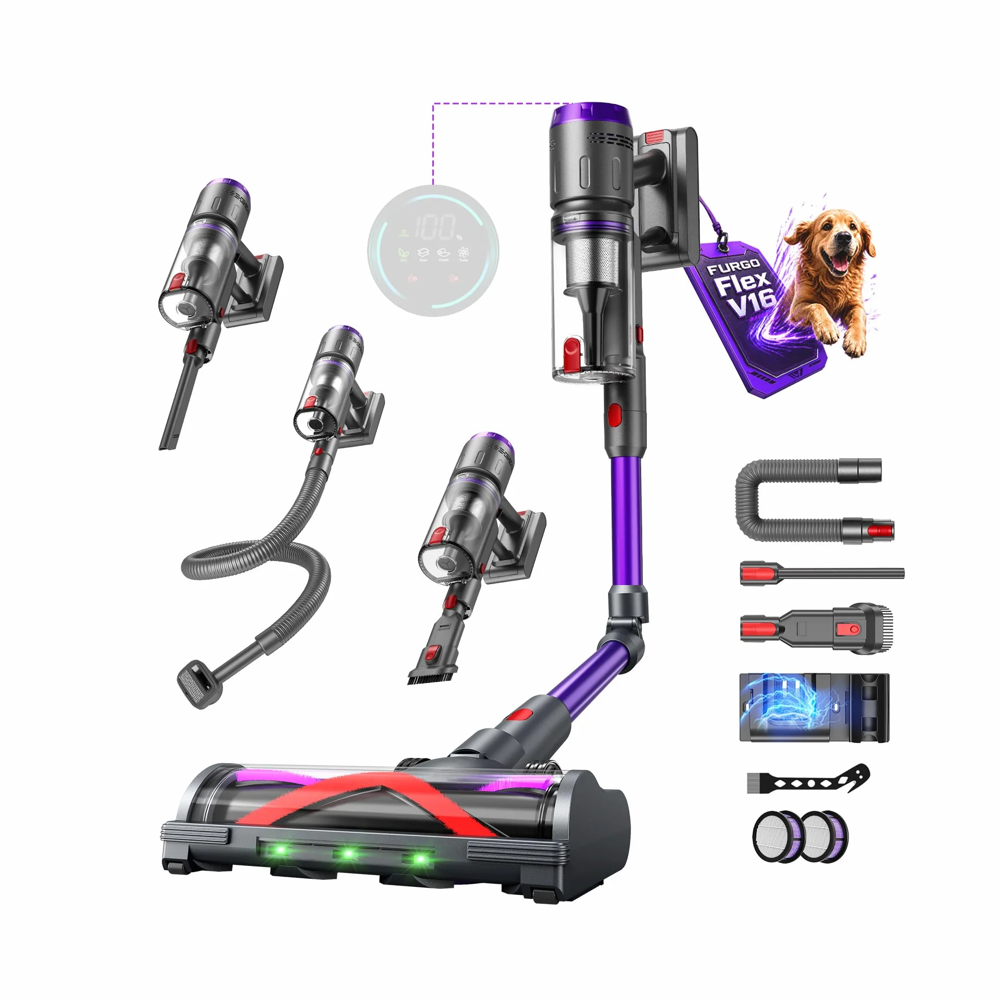 Aspiradora Sin Cable 58000Pa/600W/75Min, Escoba Aspiradora sin Cable Potente con Brazo Flexible, Manguera Extensible de 1m, Srotolatore di Peli di Animali, para Suelo/Alfombra/Pelo de Animal